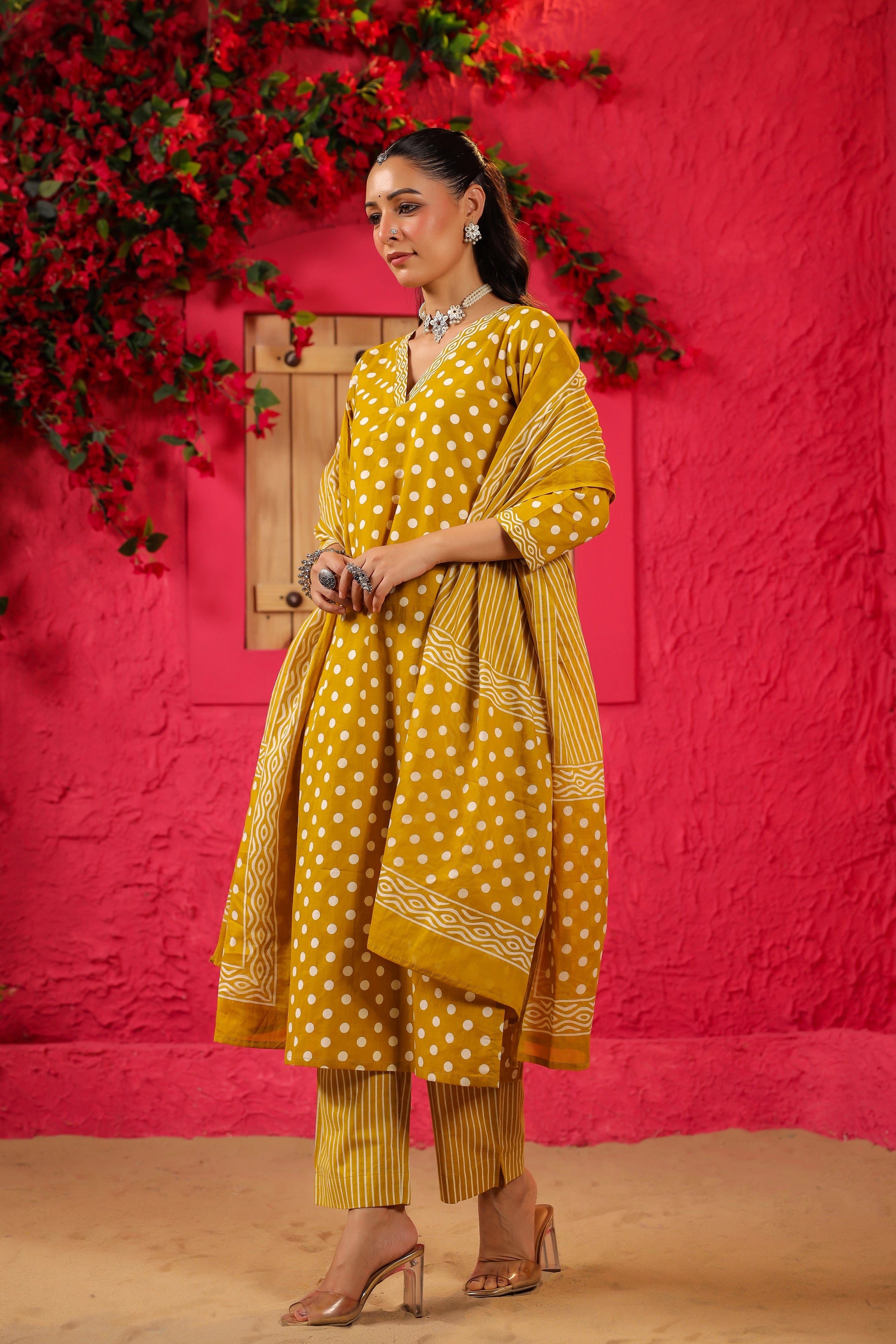 Yellow Polka Cotton Straight Suit Set