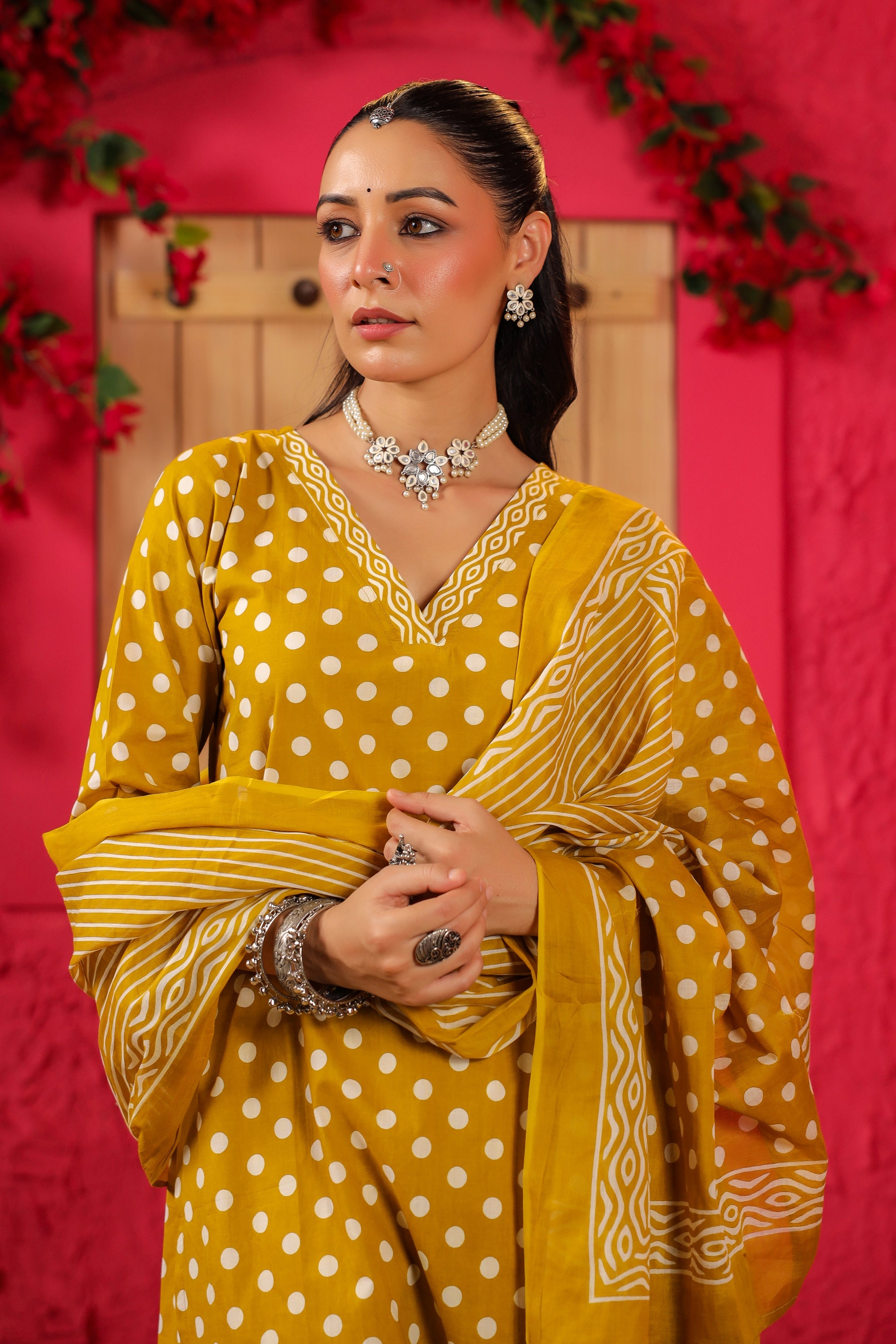 Yellow Polka Cotton Straight Suit Set