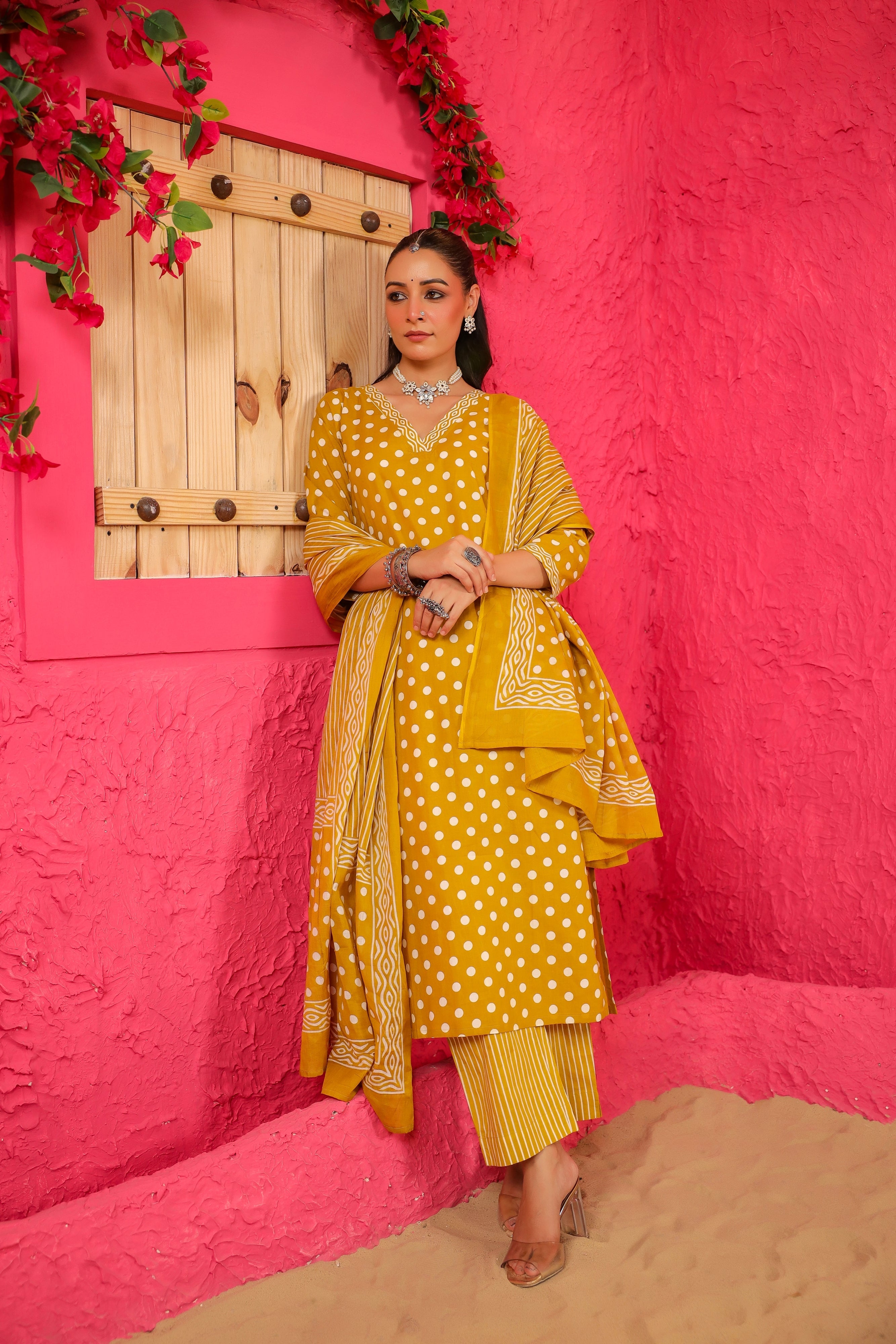 Yellow Polka Cotton Straight Suit Set