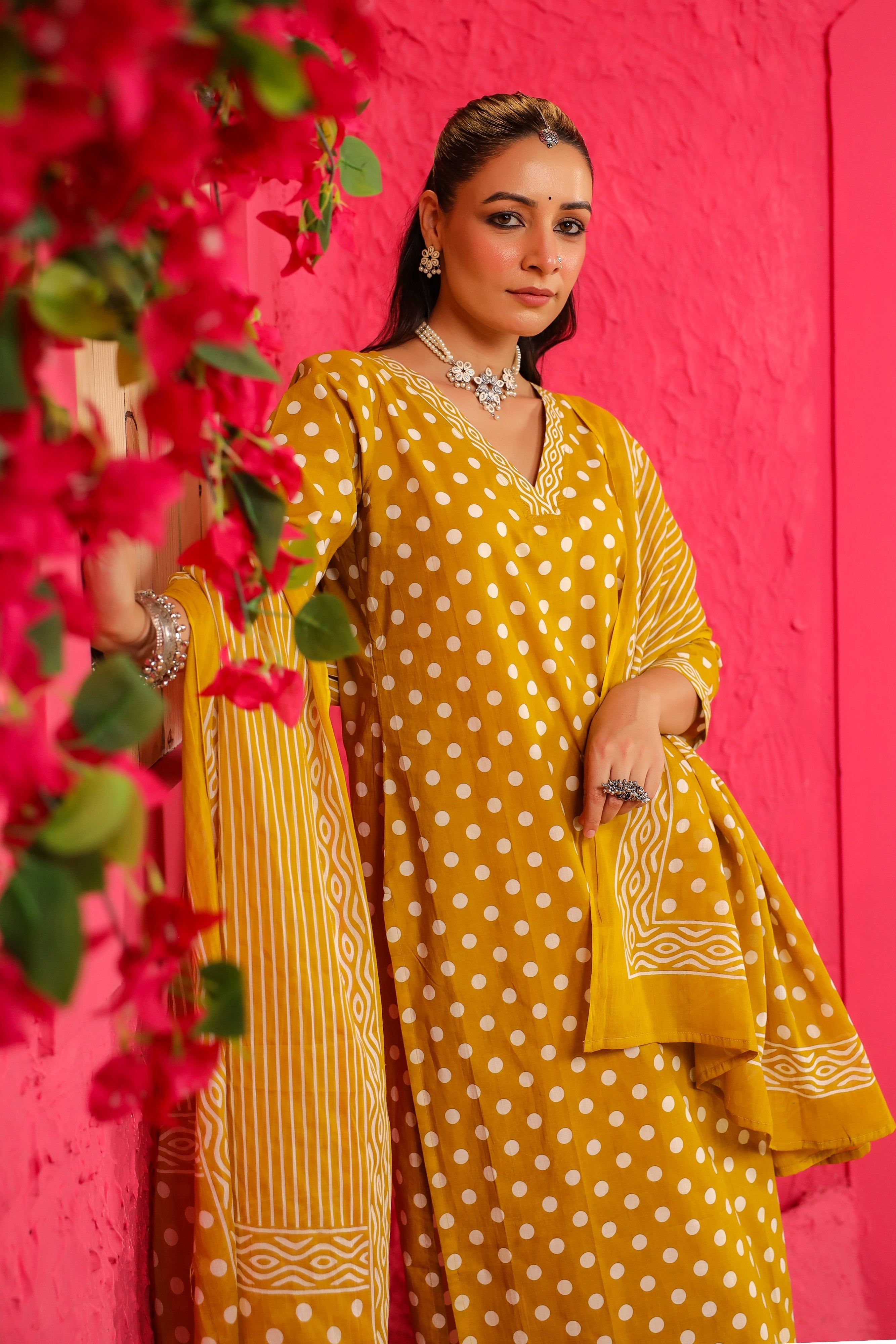 Yellow Polka Cotton Straight Suit Set