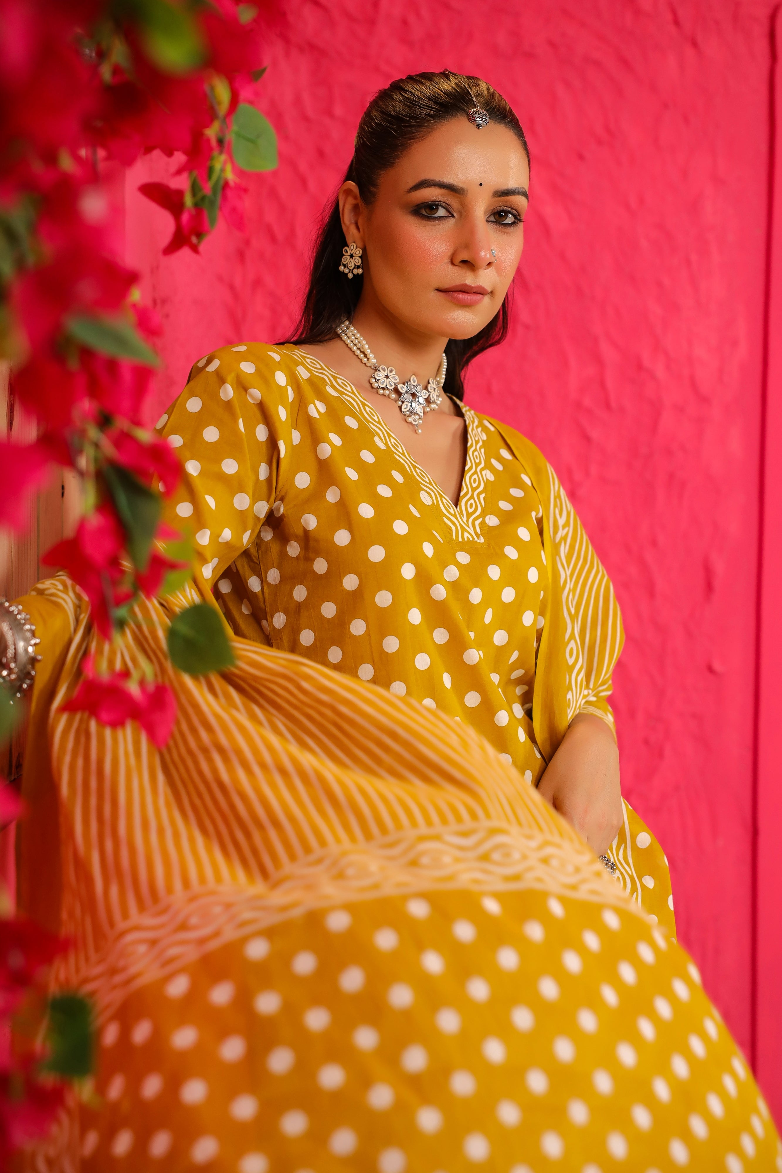 Yellow Polka Cotton Straight Suit Set