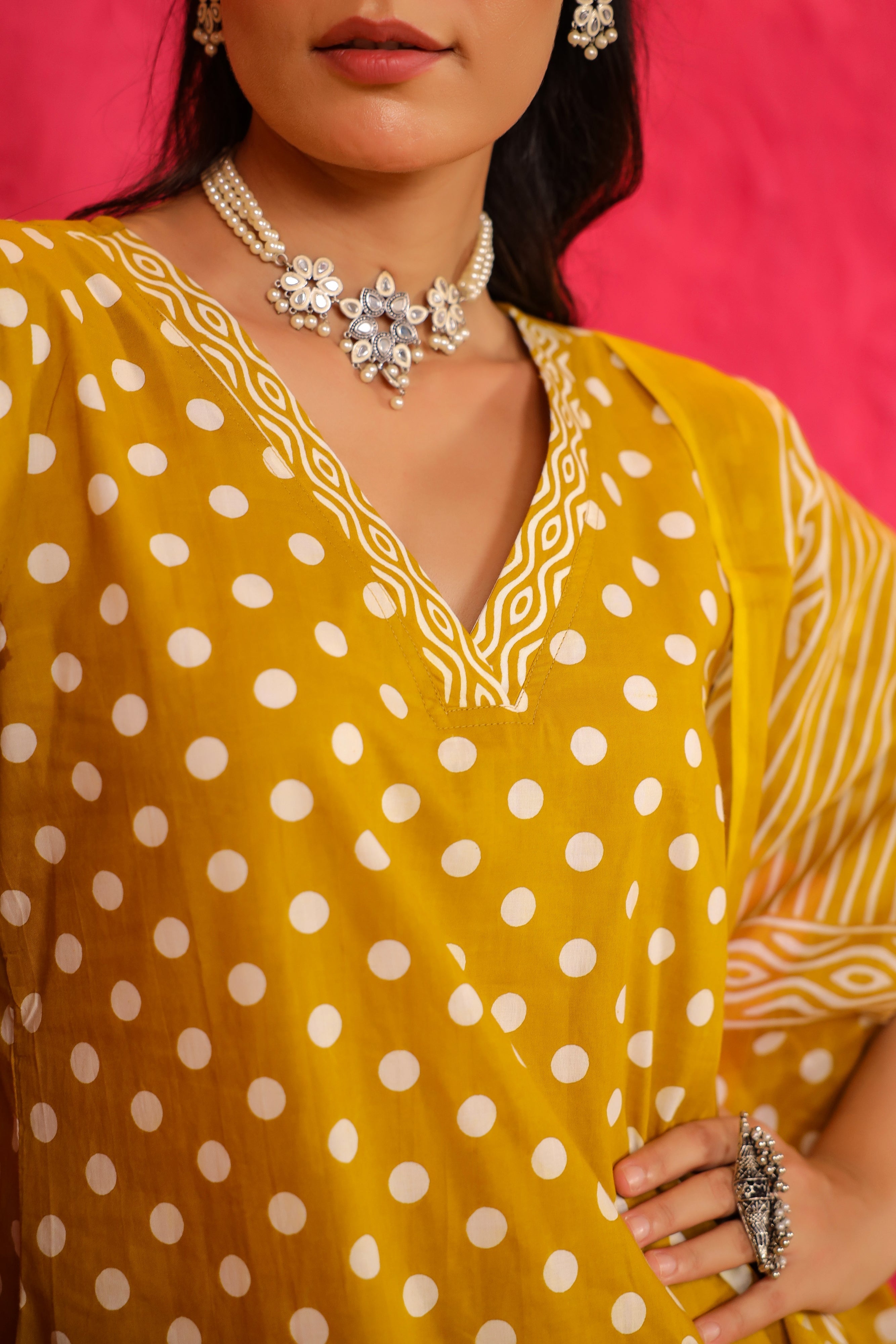 Yellow Polka Cotton Straight Suit Set