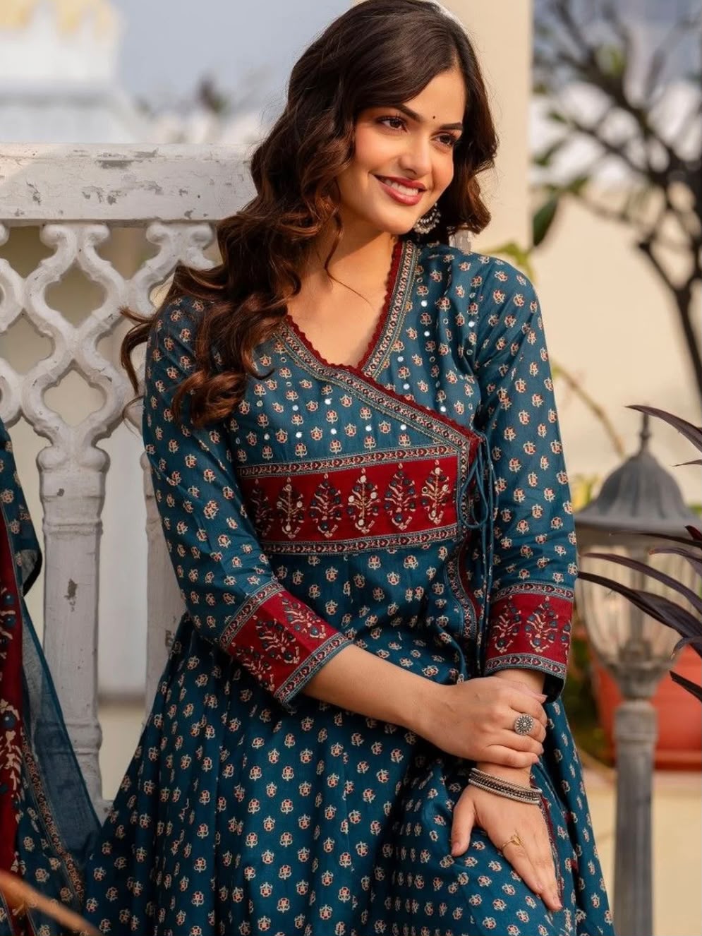 Women Ethnic Motifs Printed Angrakha Pure Cotton Kurta with Trousers & With Dupatta