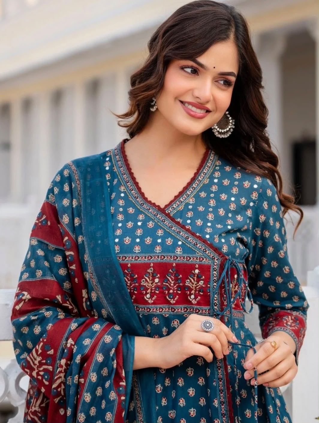 Women Ethnic Motifs Printed Angrakha Pure Cotton Kurta with Trousers & With Dupatta
