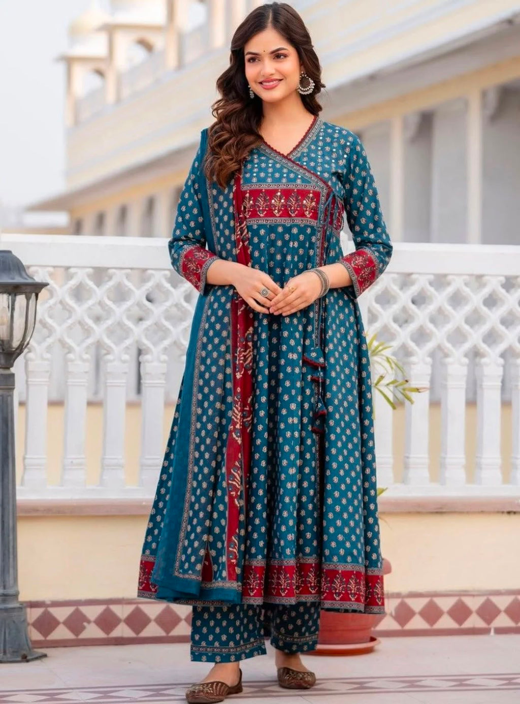 Women Ethnic Motifs Printed Angrakha Pure Cotton Kurta with Trousers & With Dupatta