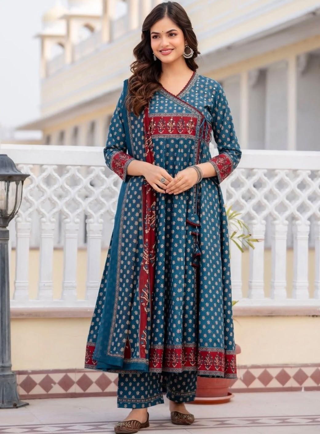 Women Ethnic Motifs Printed Angrakha Pure Cotton Kurta with Trousers & With Dupatta