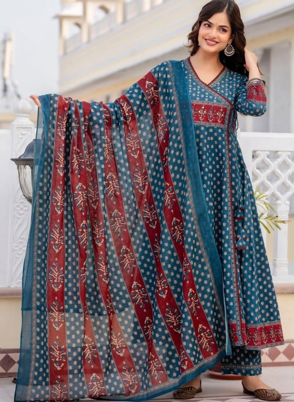 Women Ethnic Motifs Printed Angrakha Pure Cotton Kurta with Trousers & With Dupatta