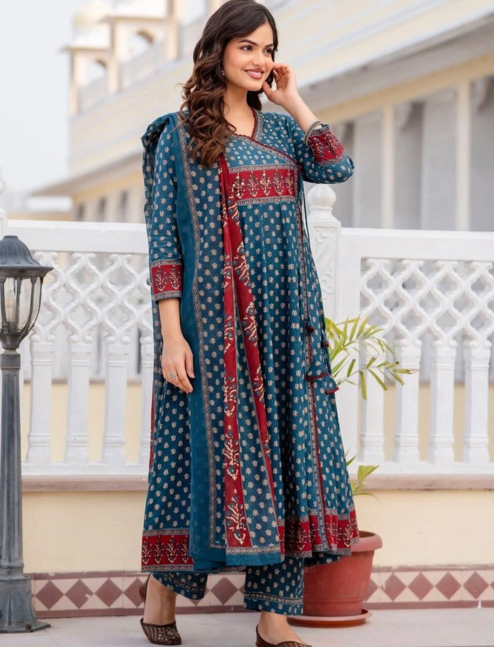 Women Ethnic Motifs Printed Angrakha Pure Cotton Kurta with Trousers & With Dupatta