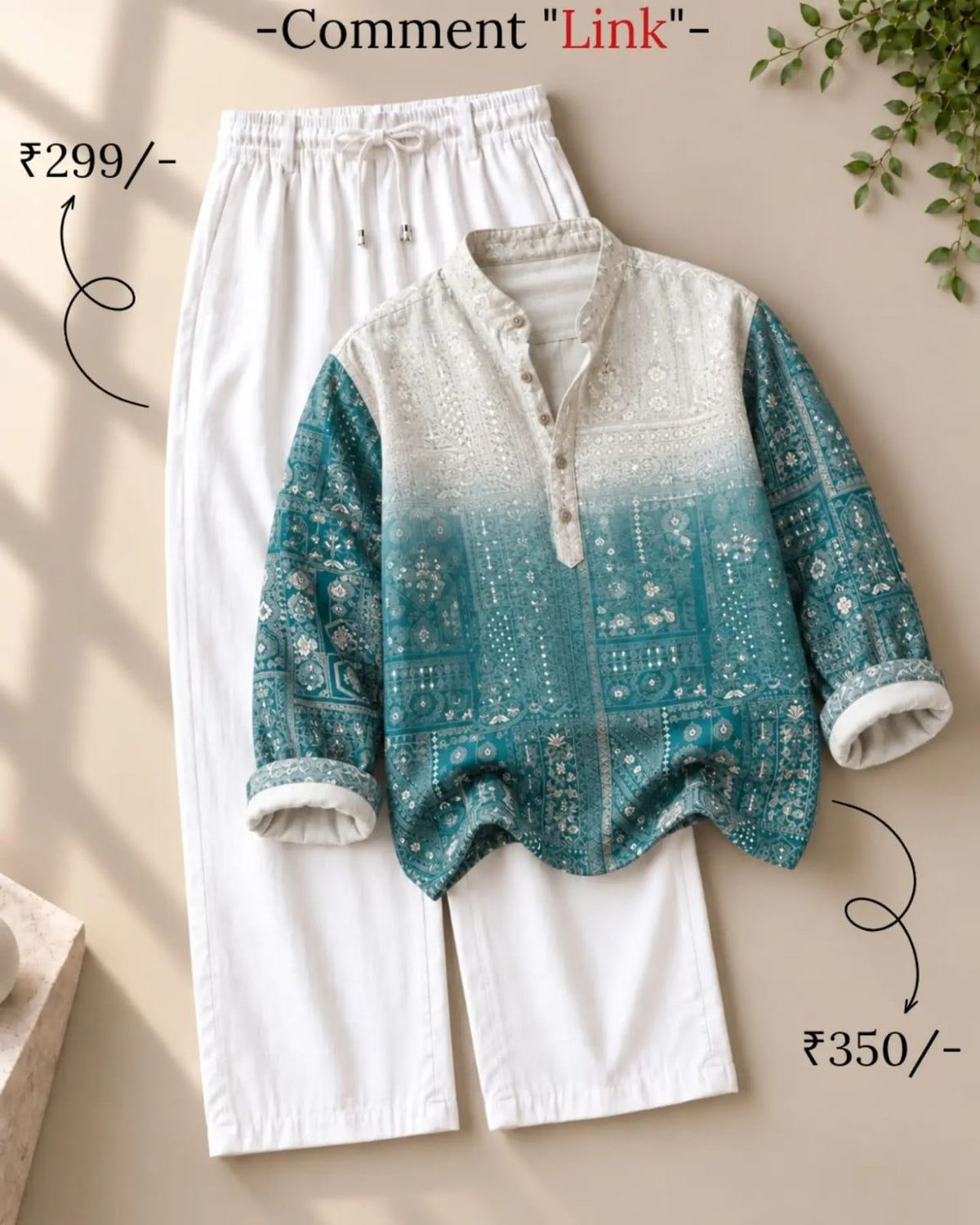Elegant Teal Printed Shirt & White Relaxed Pants Co-Ord Set