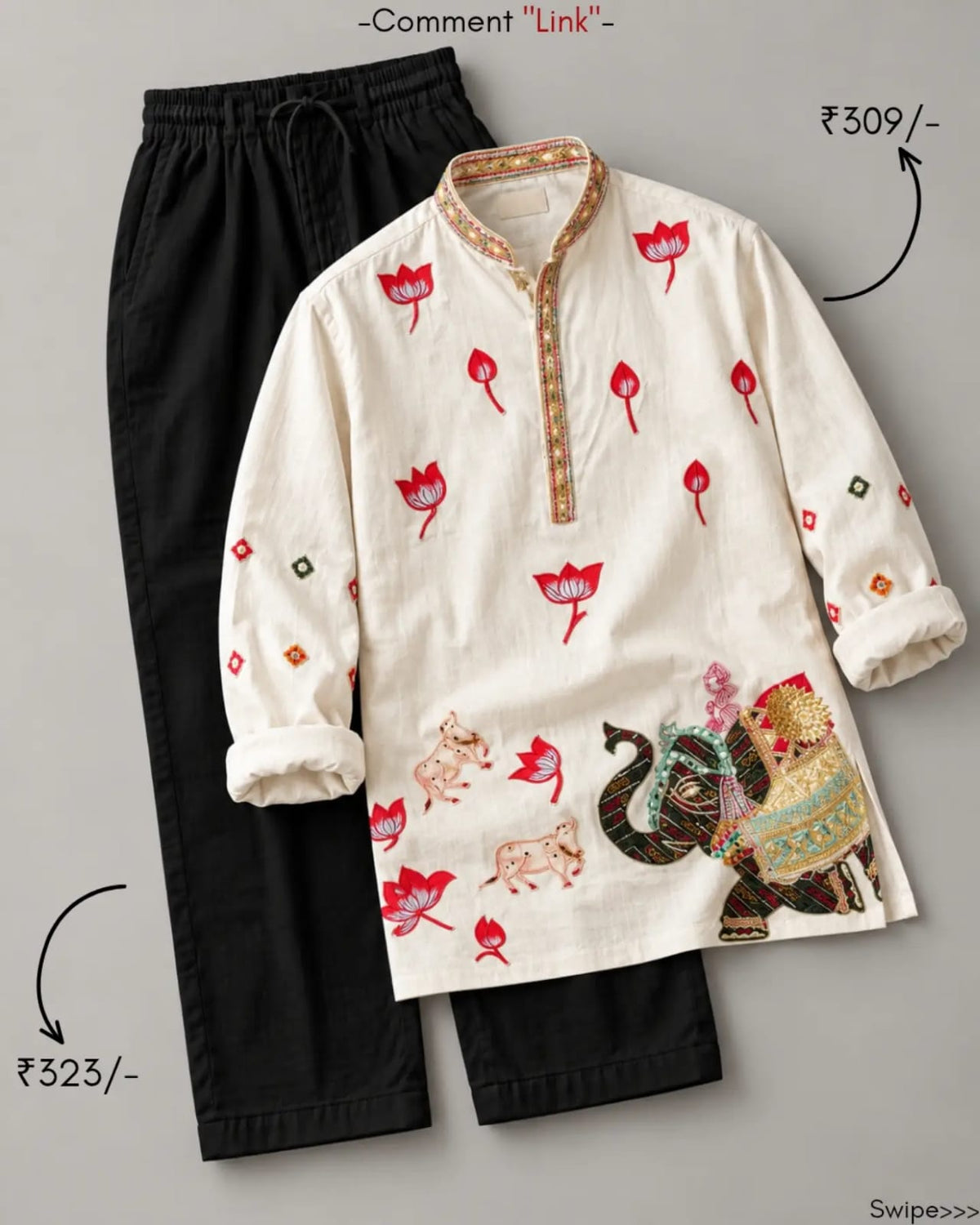 Elegant Lotus Print Kurta & Black Relaxed Pants Co-Ord Set