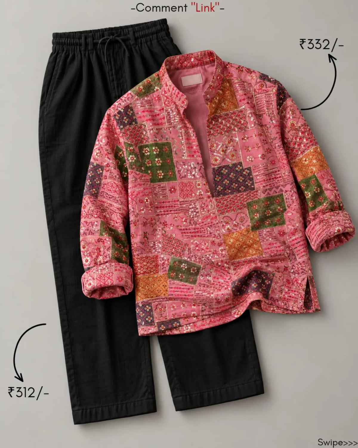 Pink Patchwork Print Shirt & Black Relaxed Pants Co-Ord Set