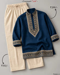 Royal Navy Blue Embroidered Kurta & Ivory Pants Festive Co-Ord Set