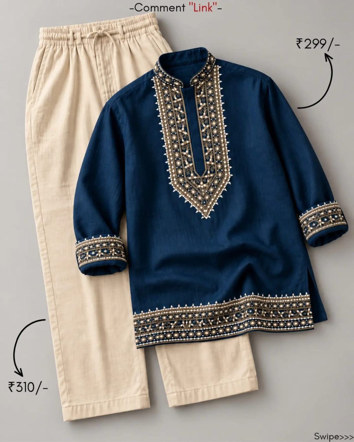 Royal Navy Blue Embroidered Kurta & Ivory Pants Festive Co-Ord Set