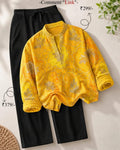 Mustard Yellow Printed Kurta with Black Straight Pants Set for men