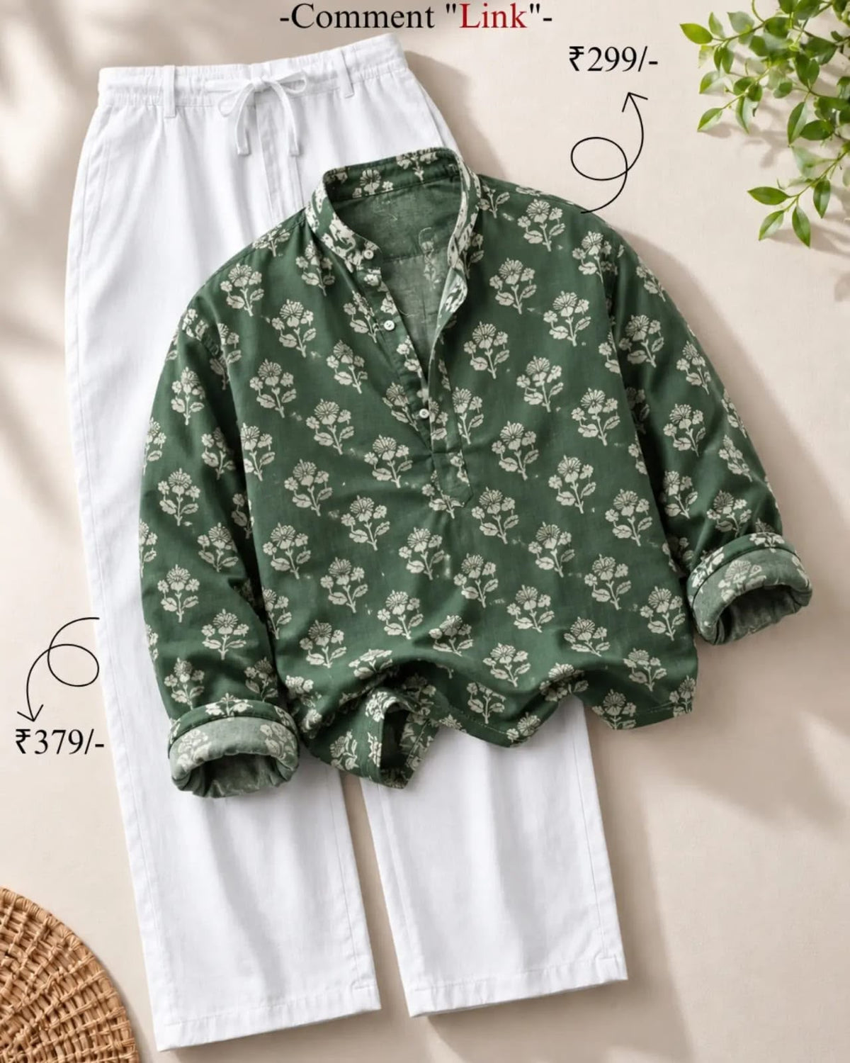 Bottle Green Floral Printed Kurta with White Cotton Pants Set for men