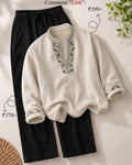 Ivory Embroidered Kurta with Black Straight Pants Set for men