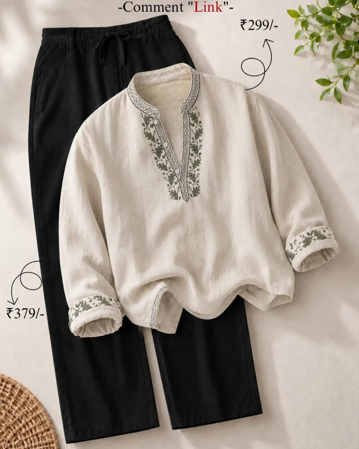 Ivory Embroidered Kurta with Black Straight Pants Set for men