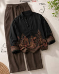Black Printed Kurta with Brown Straight-Fit Pants Co-Ord Set for men