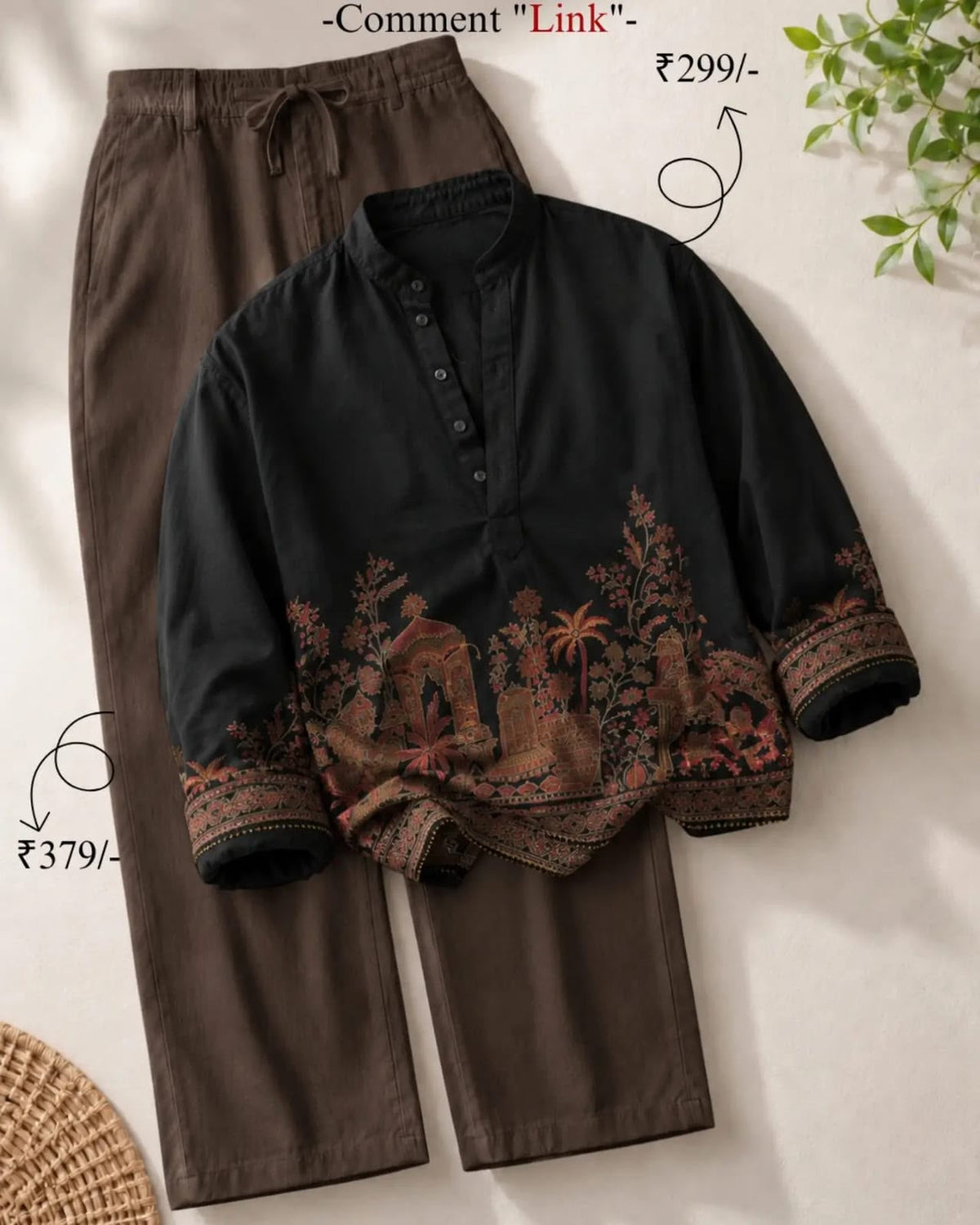 Black Printed Kurta with Brown Straight-Fit Pants Co-Ord Set for men