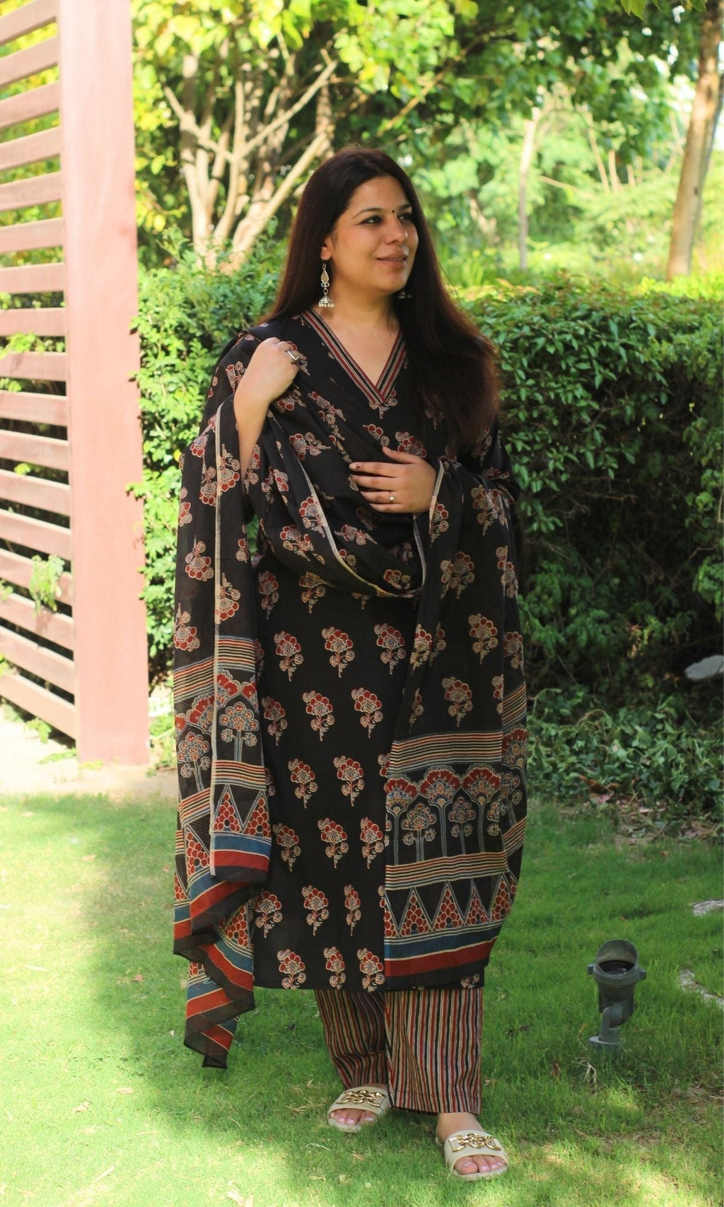 Cotton Ajrakh Print Black Suit Set with Printed Cotton Dupatta