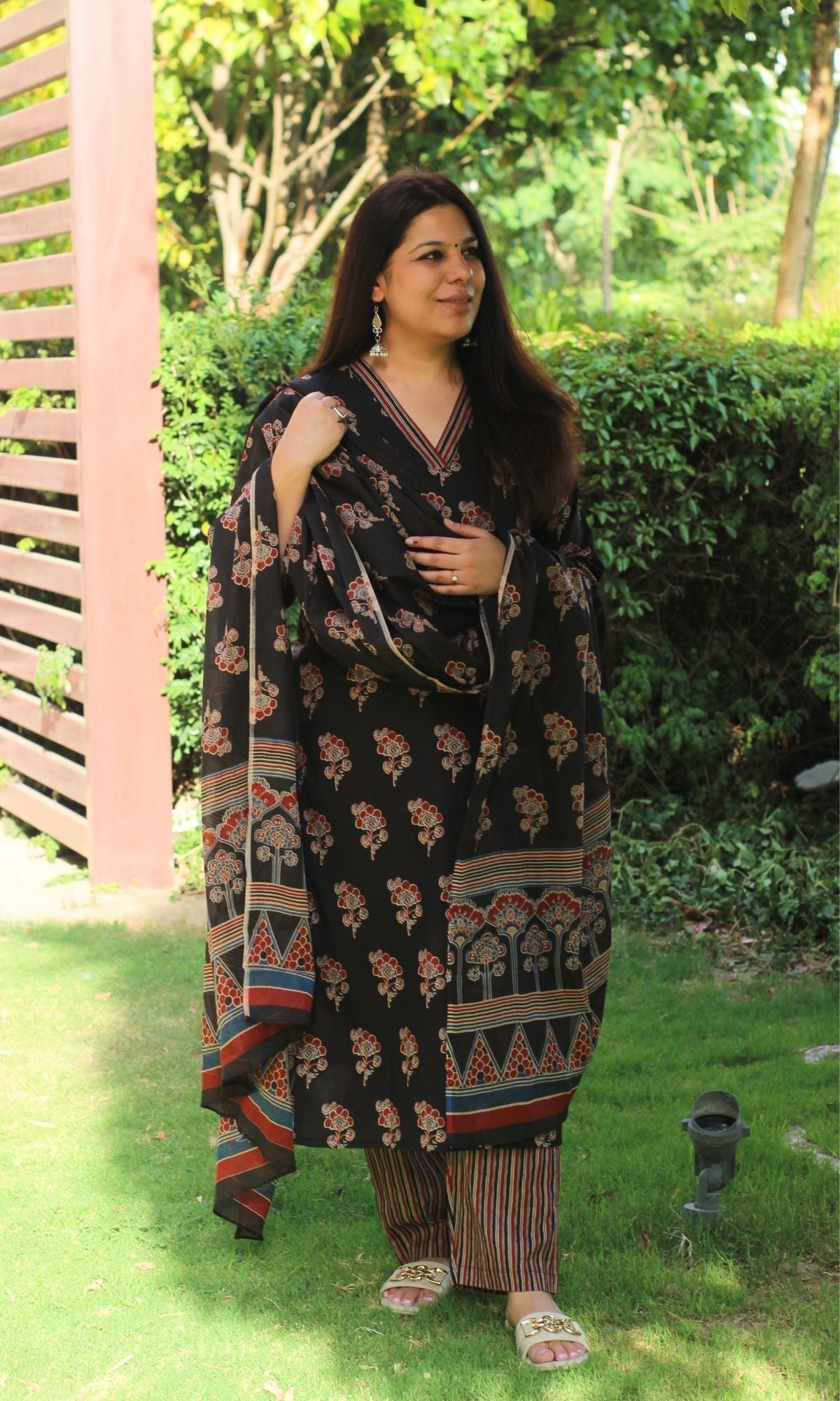 Cotton Ajrakh Print Black Suit Set with Printed Cotton Dupatta