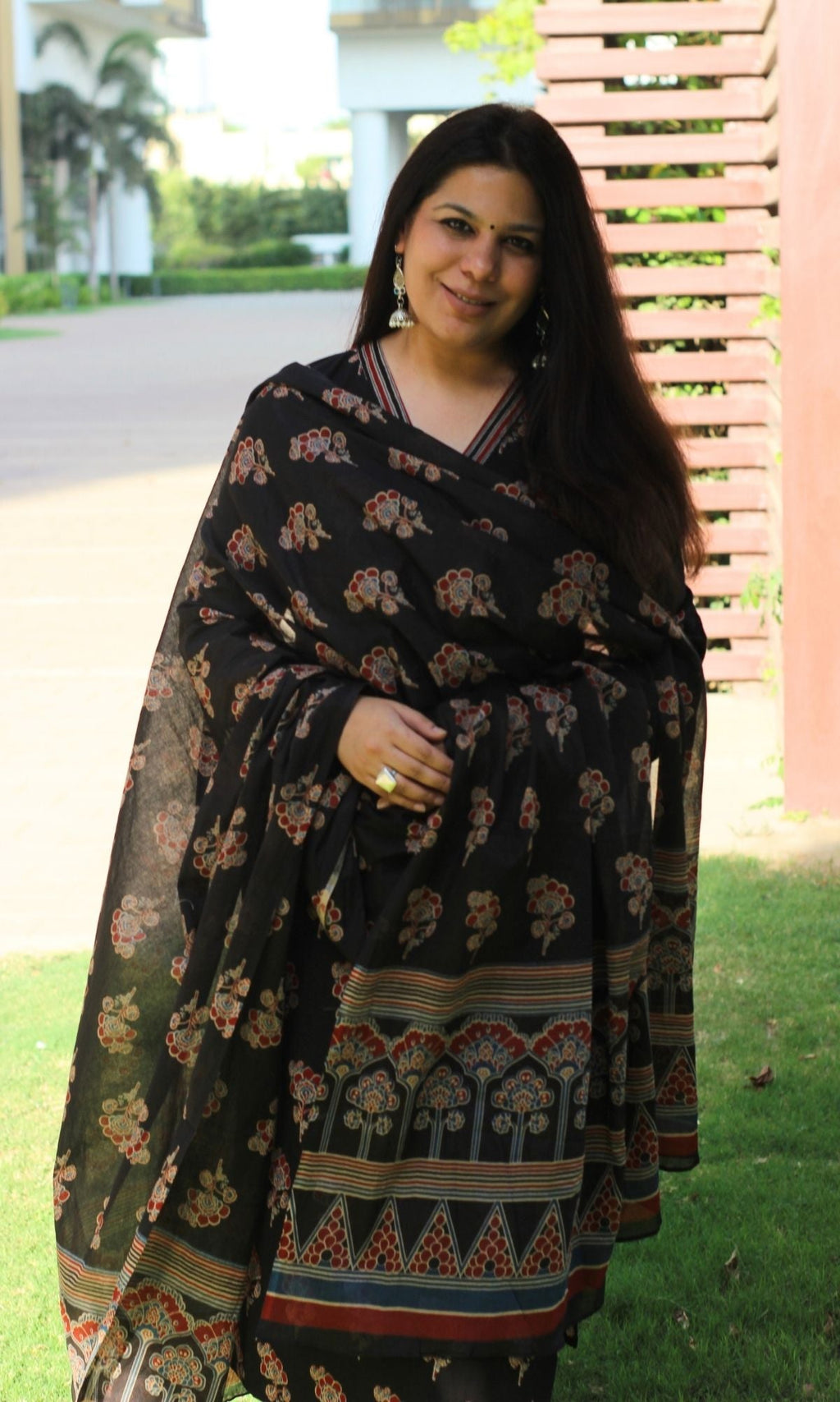 Cotton Ajrakh Print Black Suit Set with Printed Cotton Dupatta