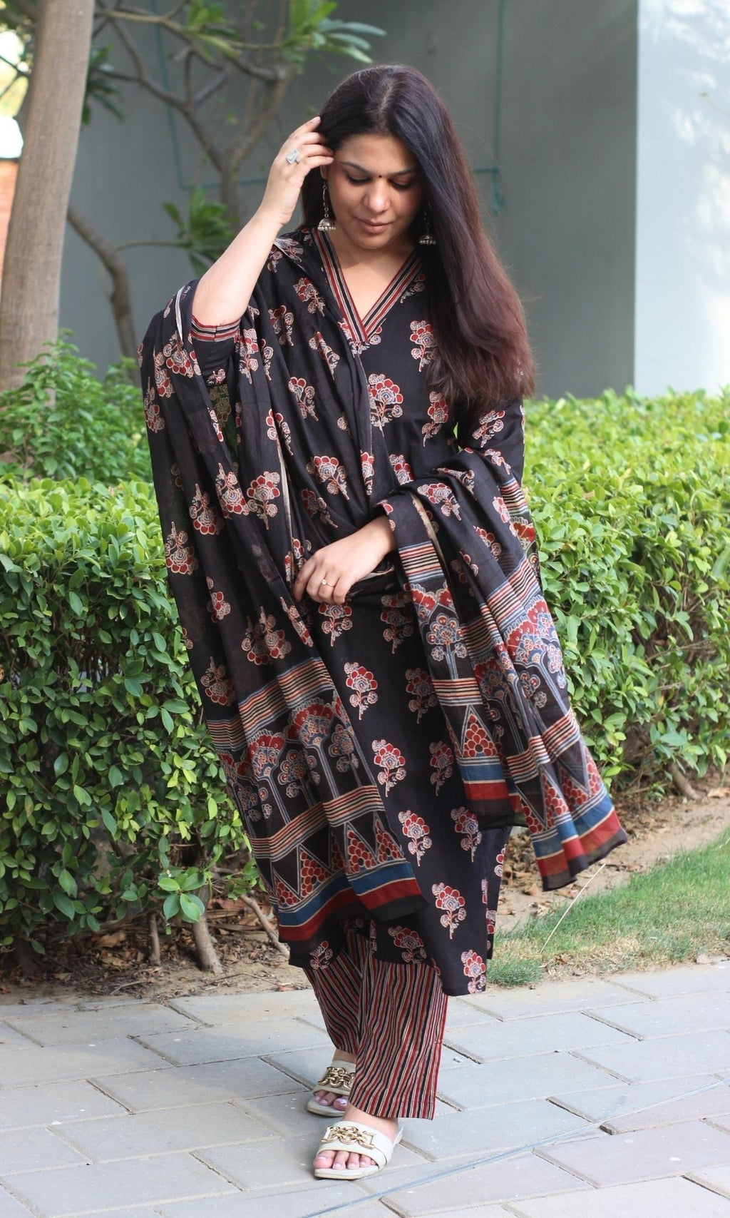 Cotton Ajrakh Print Black Suit Set with Printed Cotton Dupatta