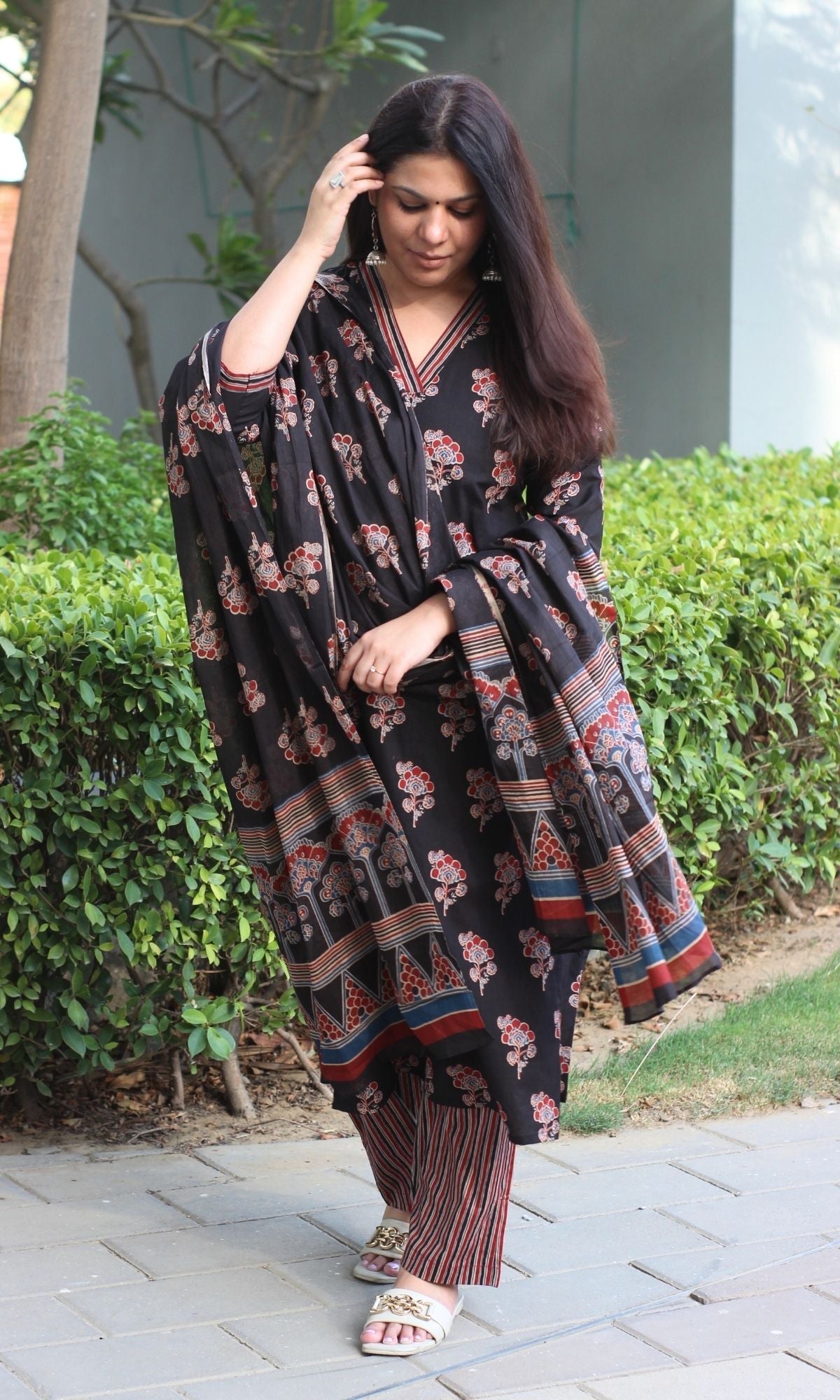 Cotton Ajrakh Print Black Suit Set with Printed Cotton Dupatta