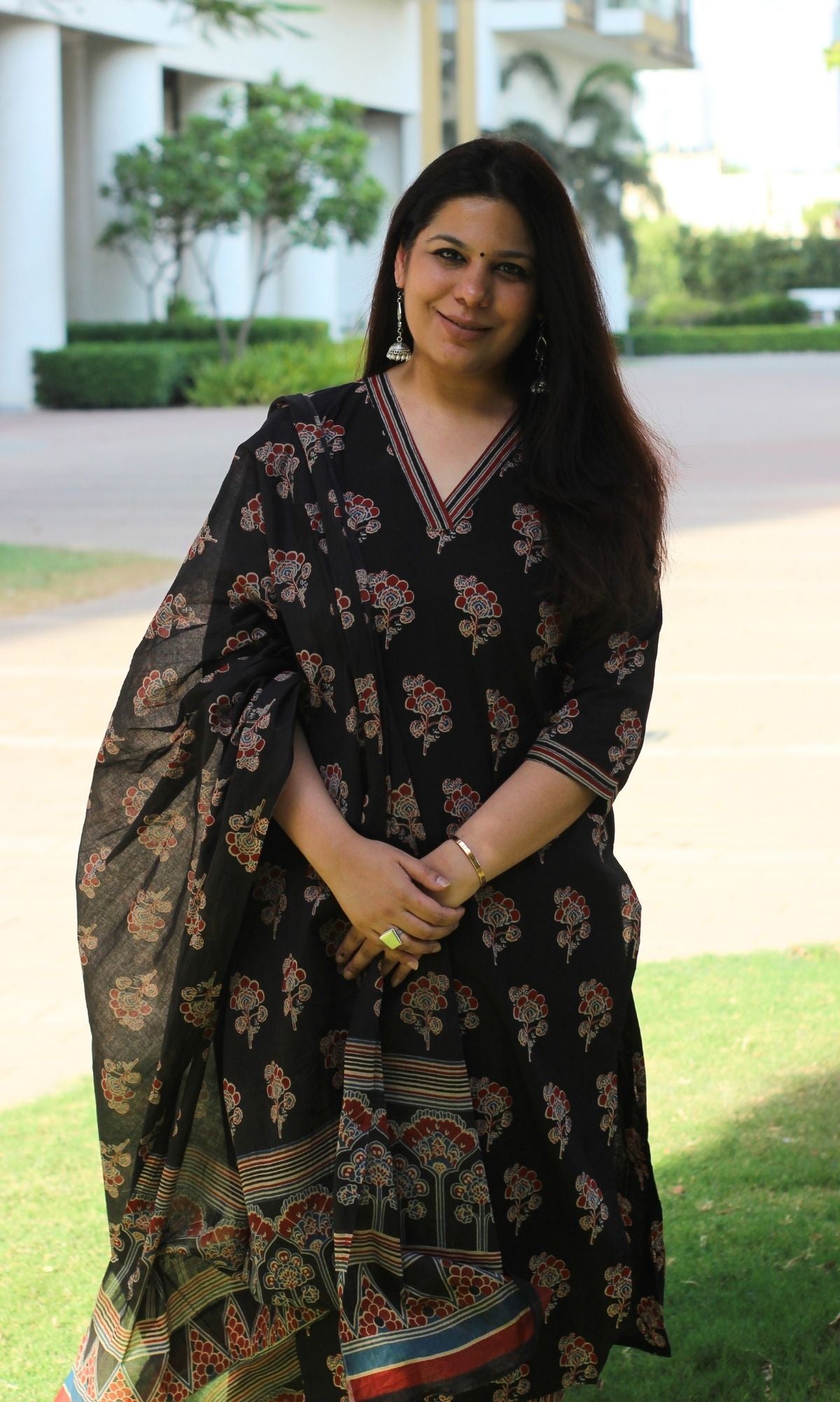 Cotton Ajrakh Print Black Suit Set with Printed Cotton Dupatta