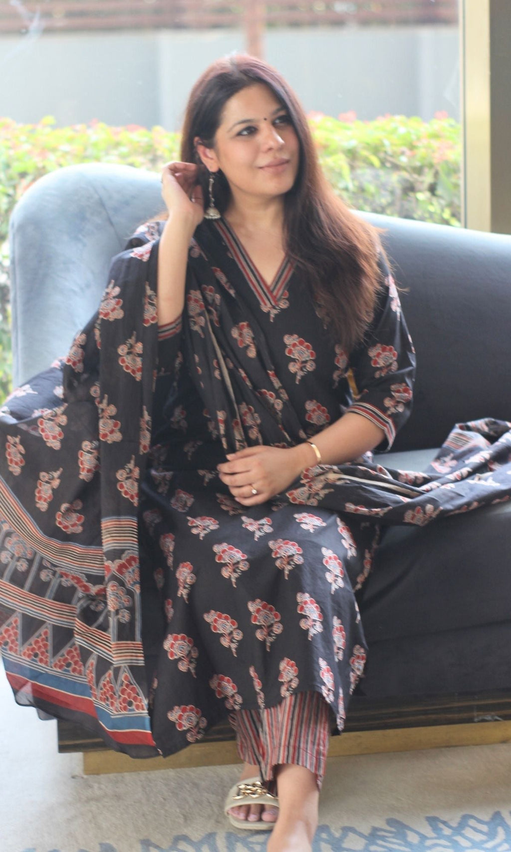 Cotton Ajrakh Print Black Suit Set with Printed Cotton Dupatta