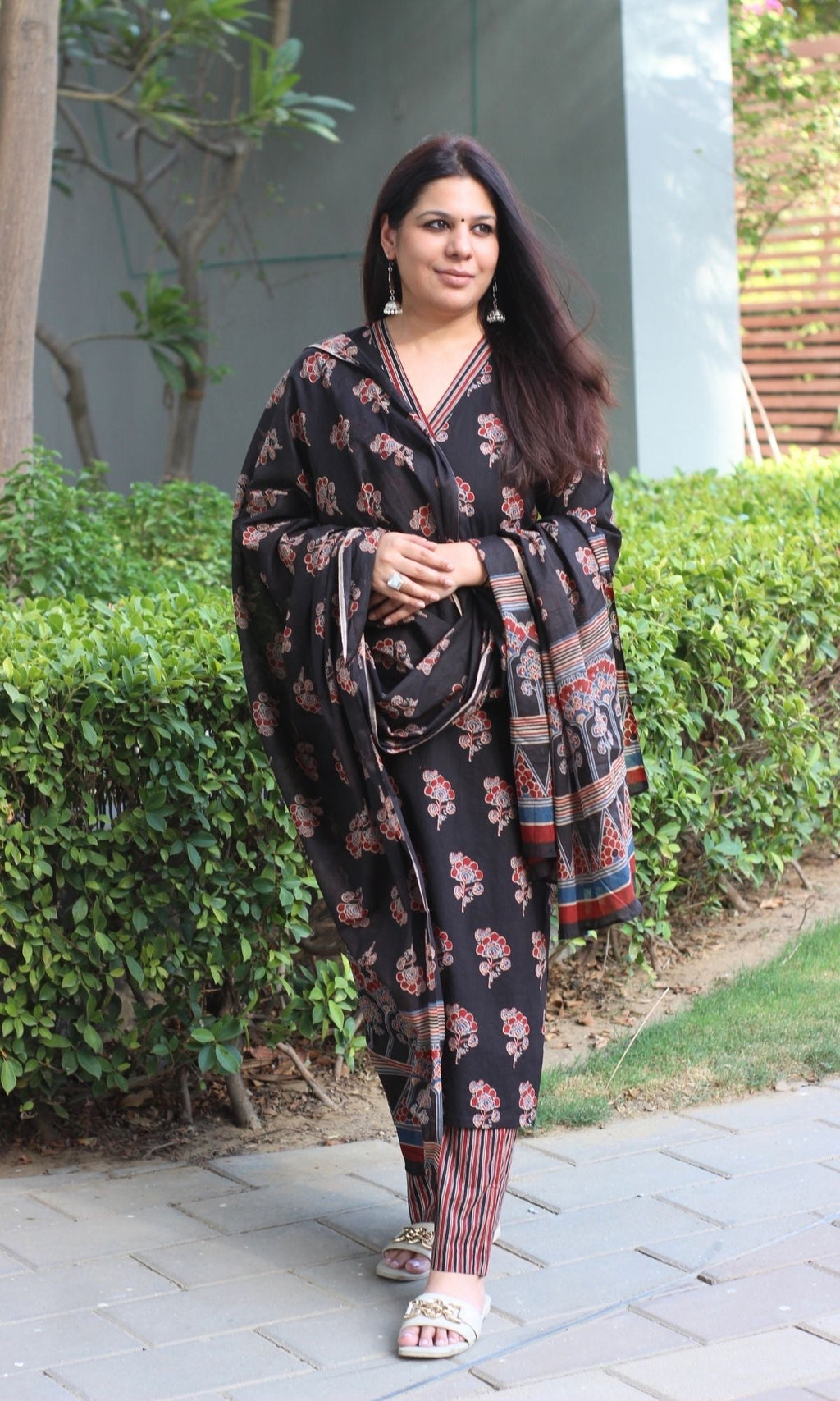 Cotton Ajrakh Print Black Suit Set with Printed Cotton Dupatta