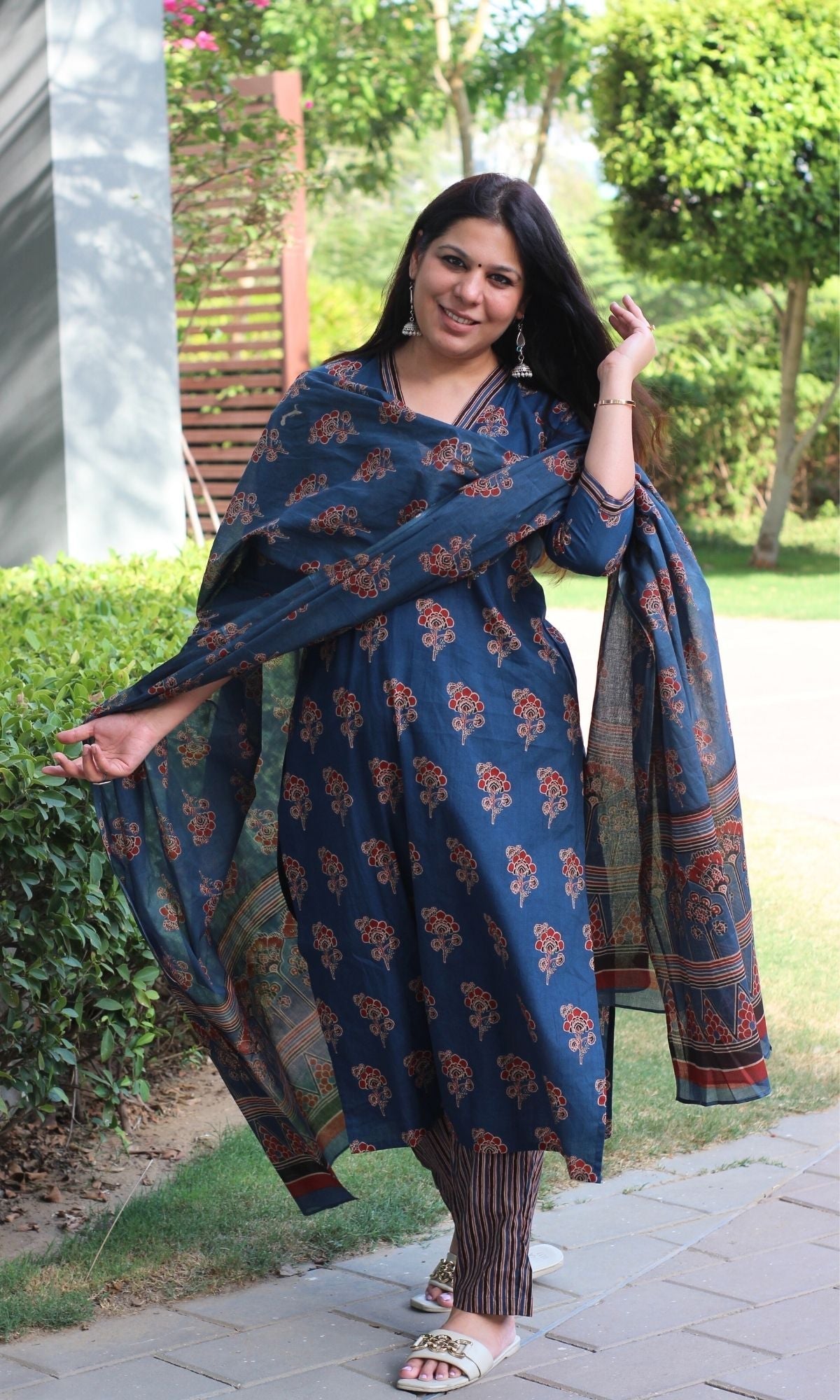 Cotton Ajrakh Print Blue Suit Set with Printed Cotton Dupatta