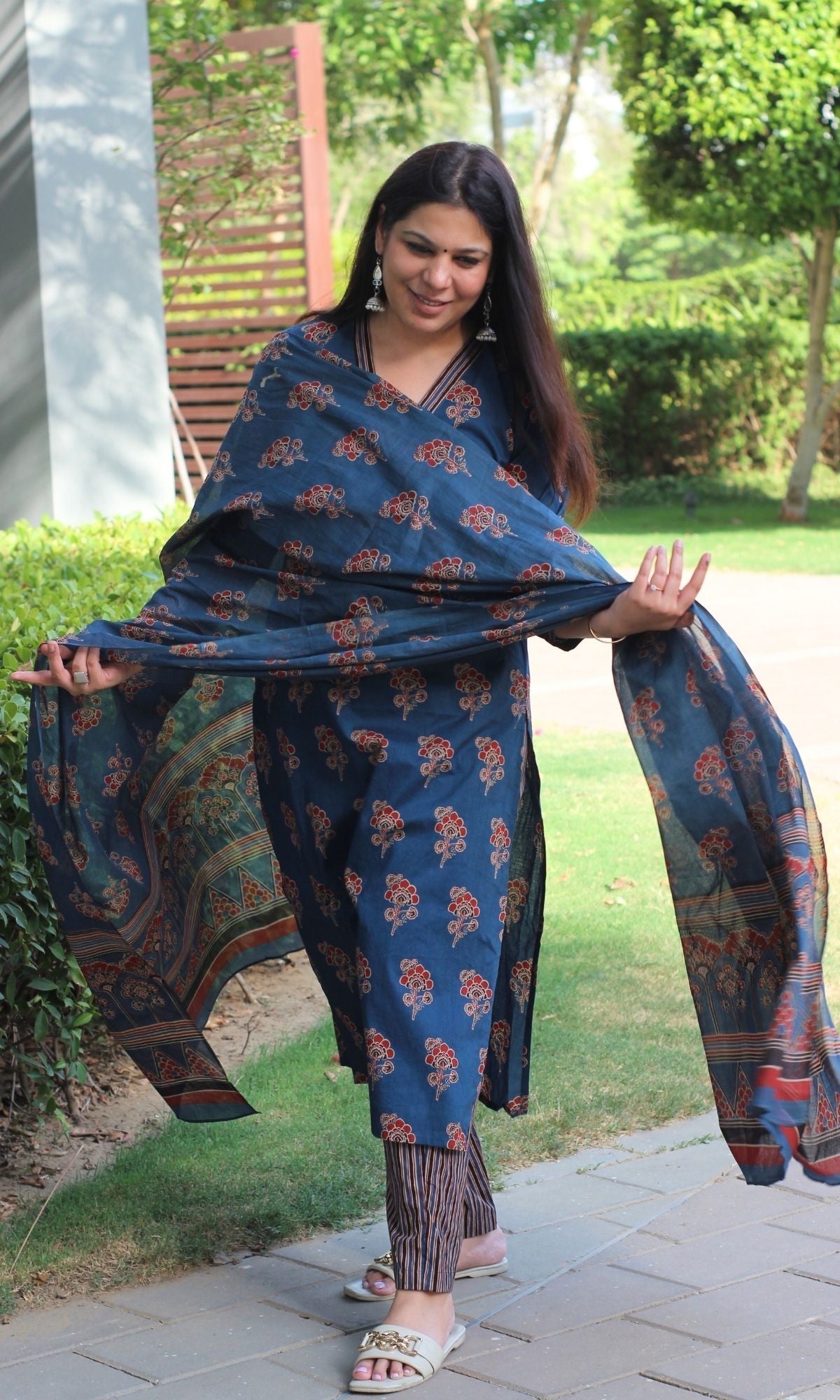 Cotton Ajrakh Print Blue Suit Set with Printed Cotton Dupatta