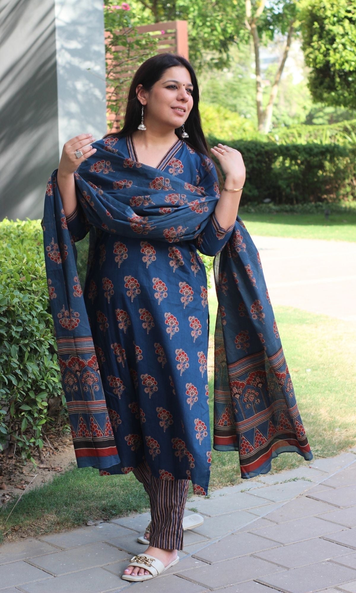 Cotton Ajrakh Print Blue Suit Set with Printed Cotton Dupatta