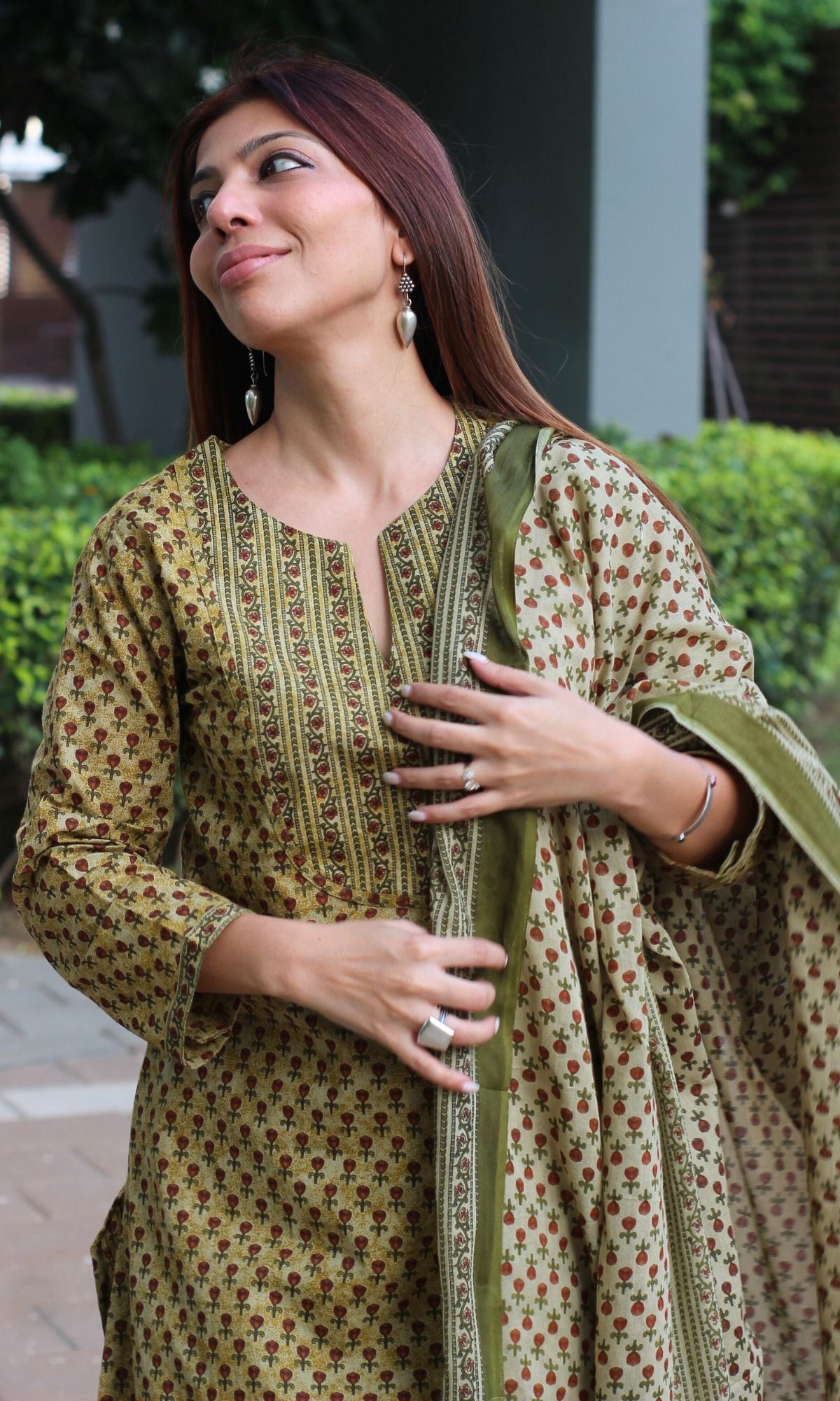Cotton Asparagus Printed Suit Set with Cotton Printed Dupatta