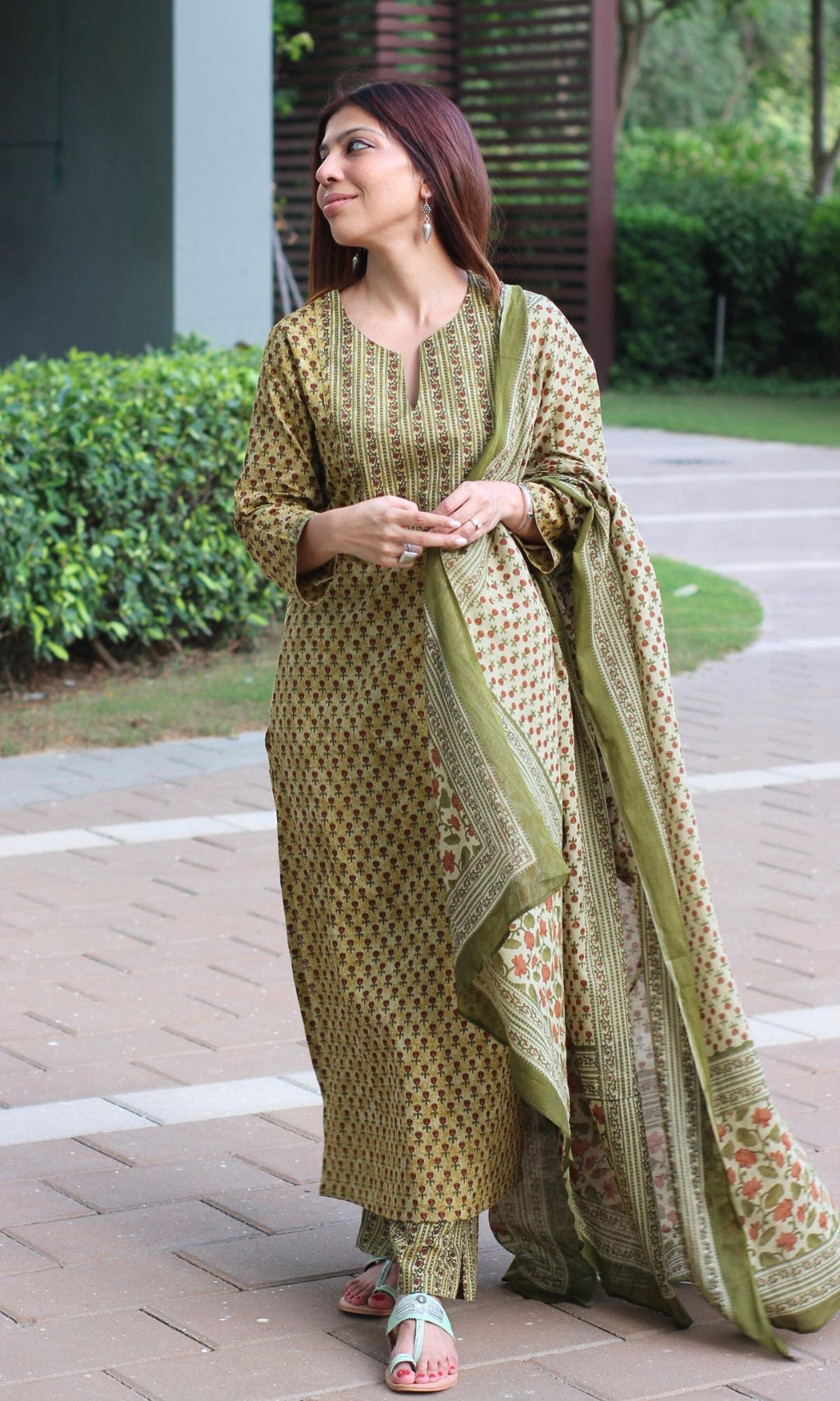 Cotton Asparagus Printed Suit Set with Cotton Printed Dupatta