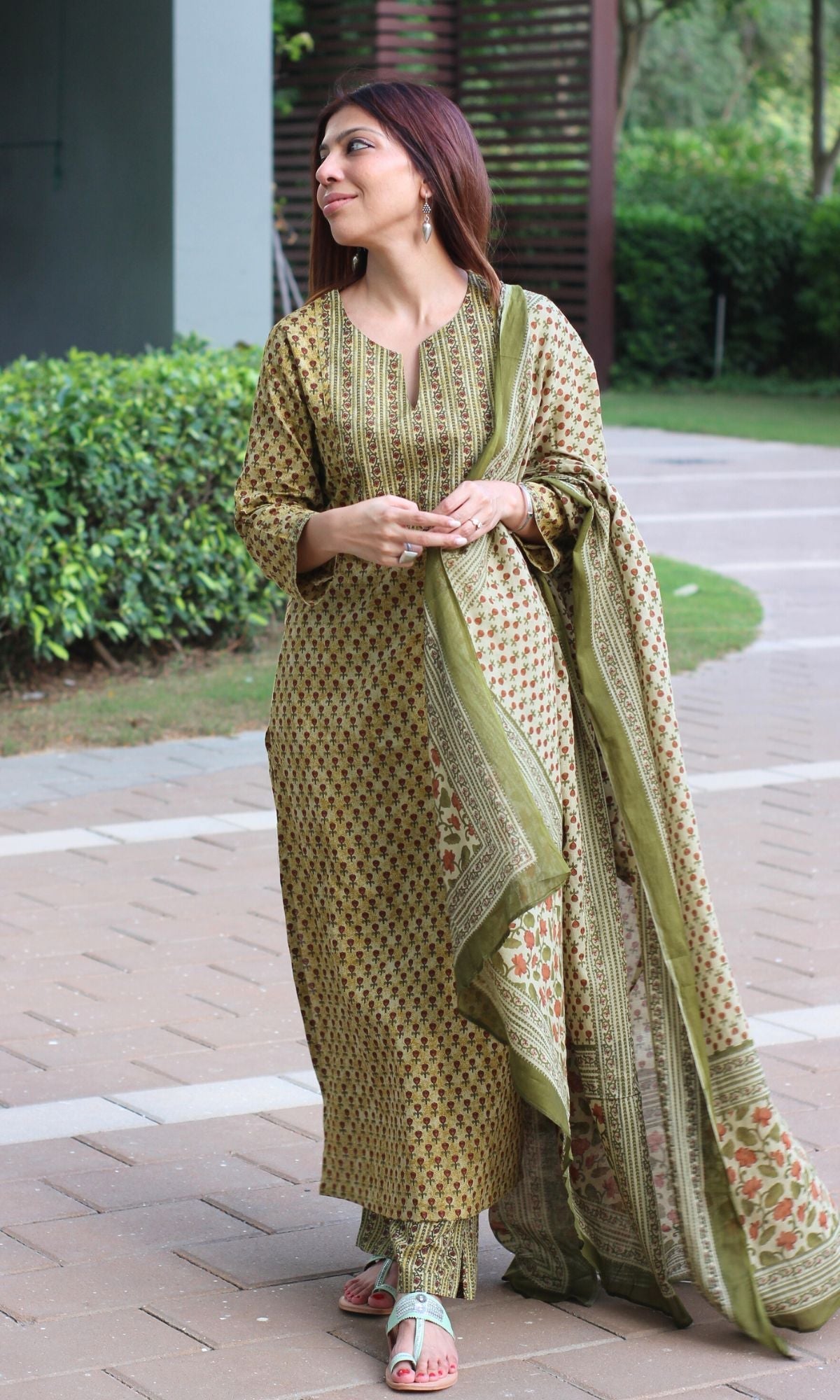 Cotton Asparagus Printed Suit Set with Cotton Printed Dupatta