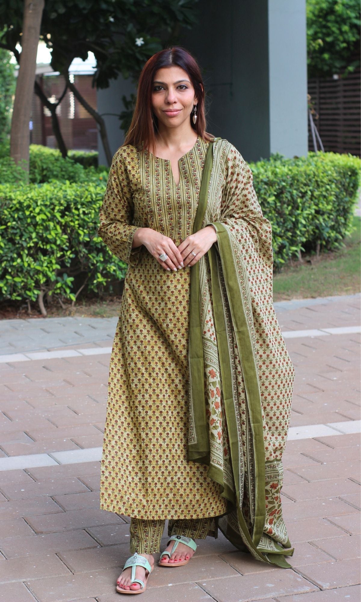 Cotton Asparagus Printed Suit Set with Cotton Printed Dupatta