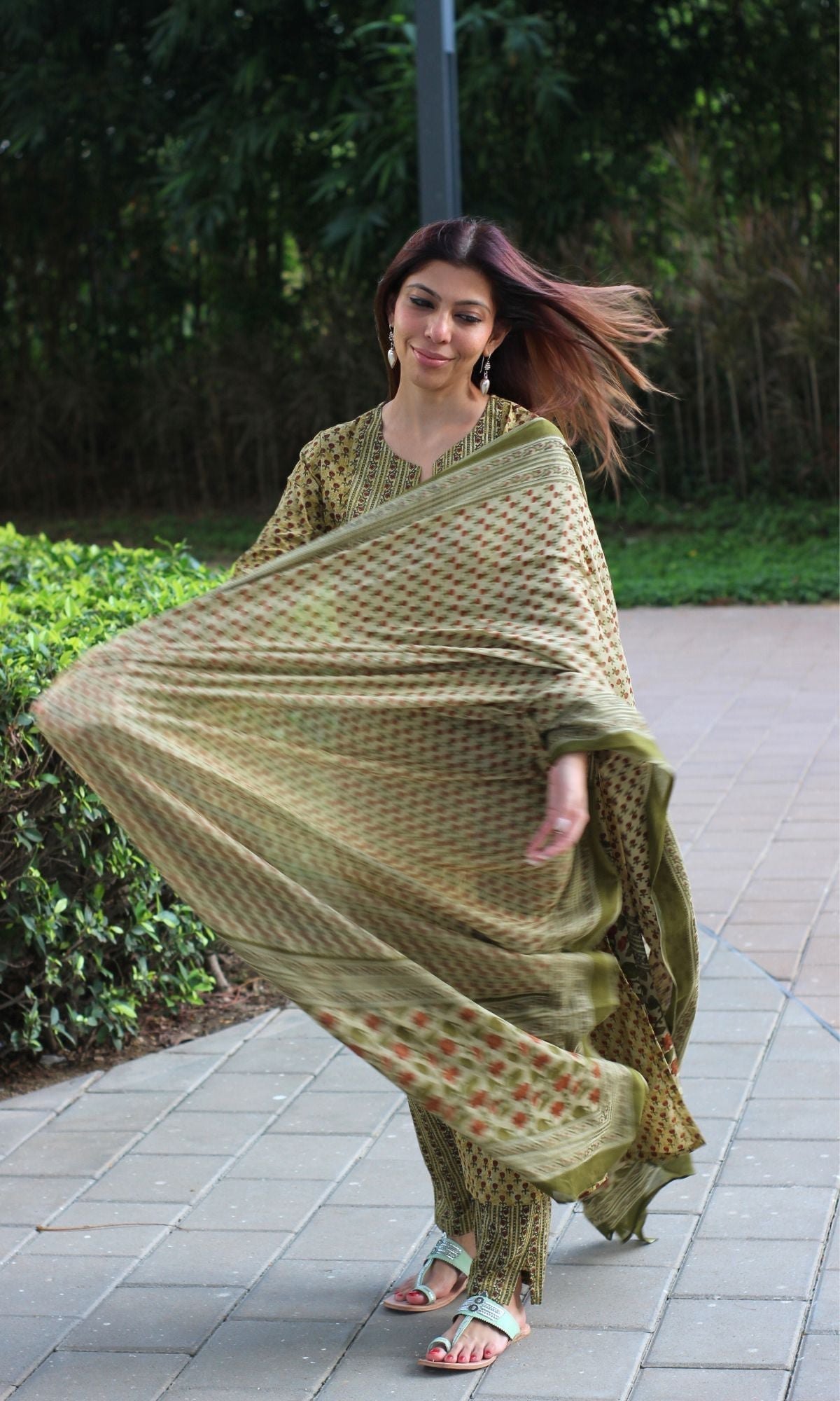 Cotton Asparagus Printed Suit Set with Cotton Printed Dupatta