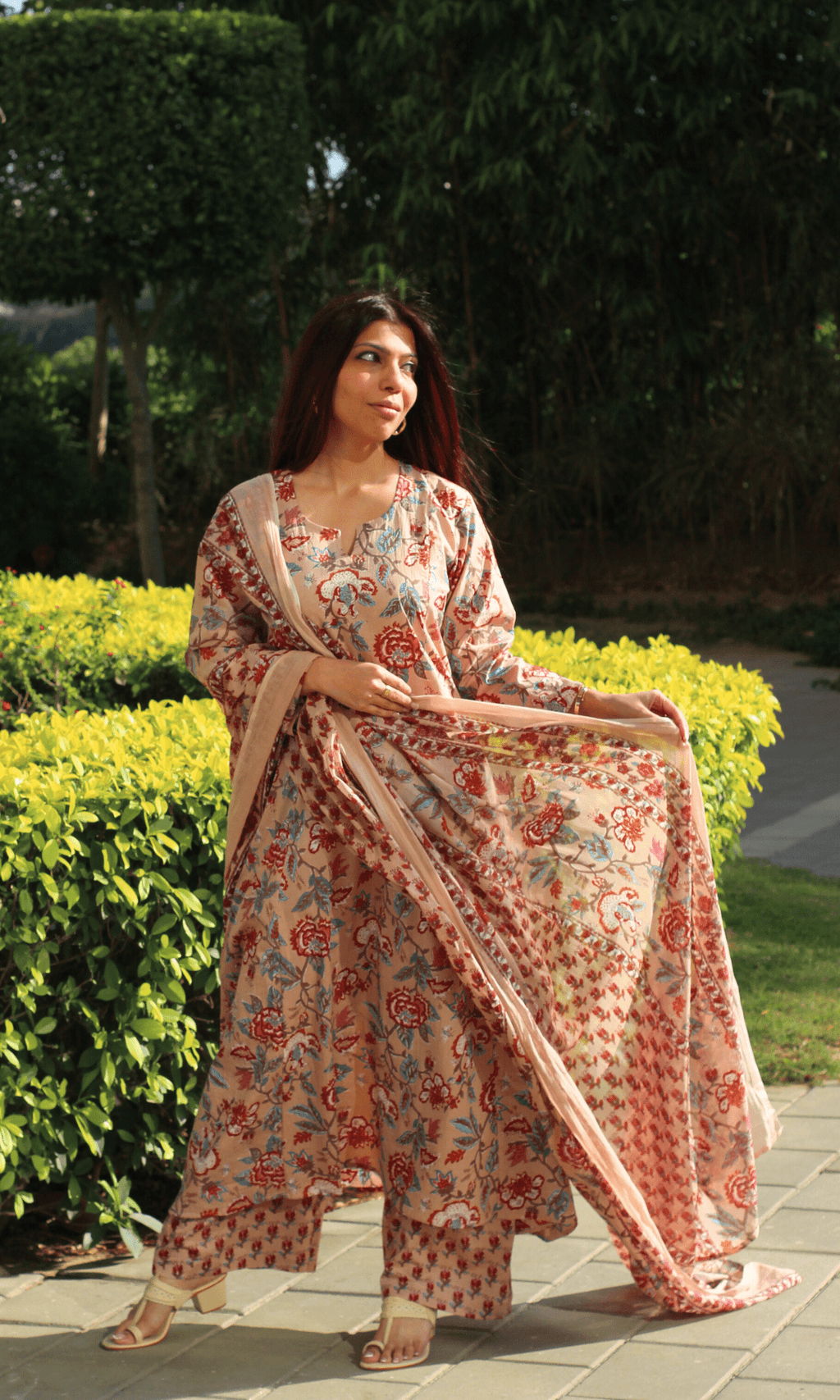Cotton Beige Floral Kali Kurta with Pant & Printed Cotton Dupatta