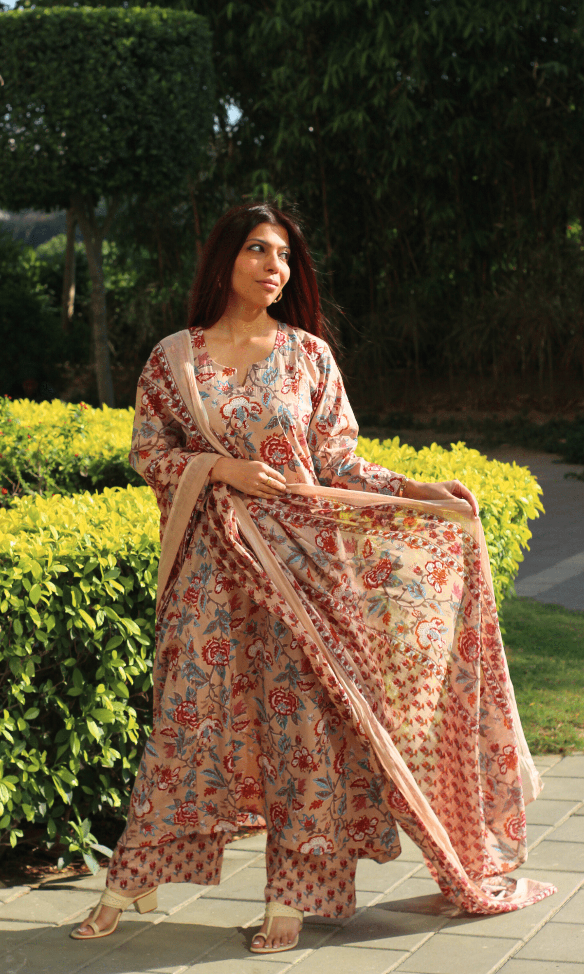 Cotton Beige Floral Kali Kurta with Pant & Printed Cotton Dupatta