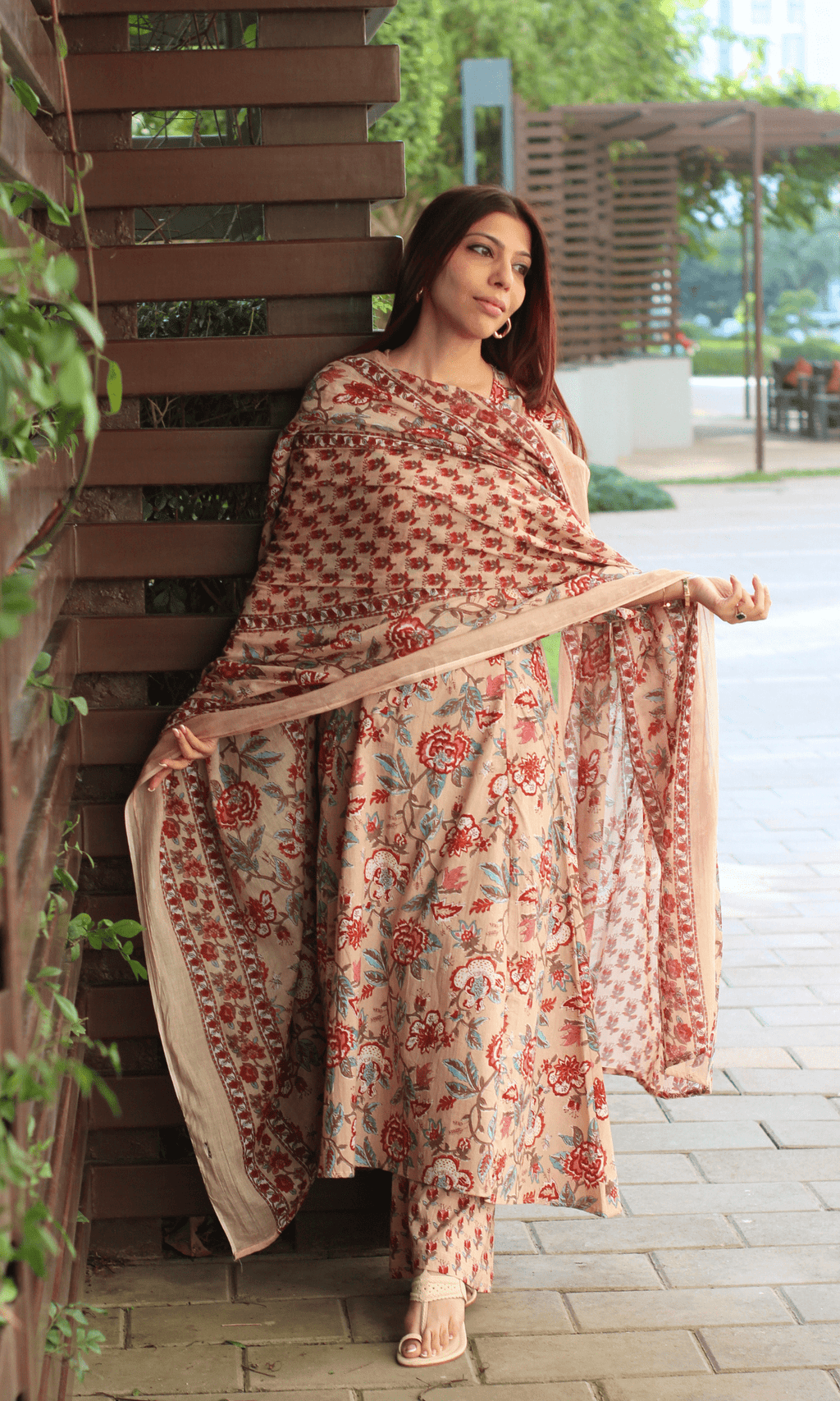 Cotton Beige Floral Kali Kurta with Pant & Printed Cotton Dupatta