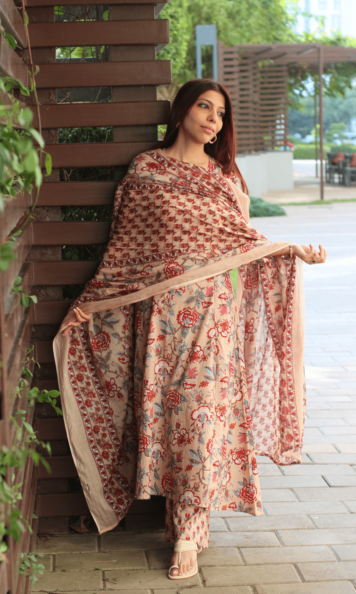 Cotton Beige Floral Kali Kurta with Pant & Printed Cotton Dupatta