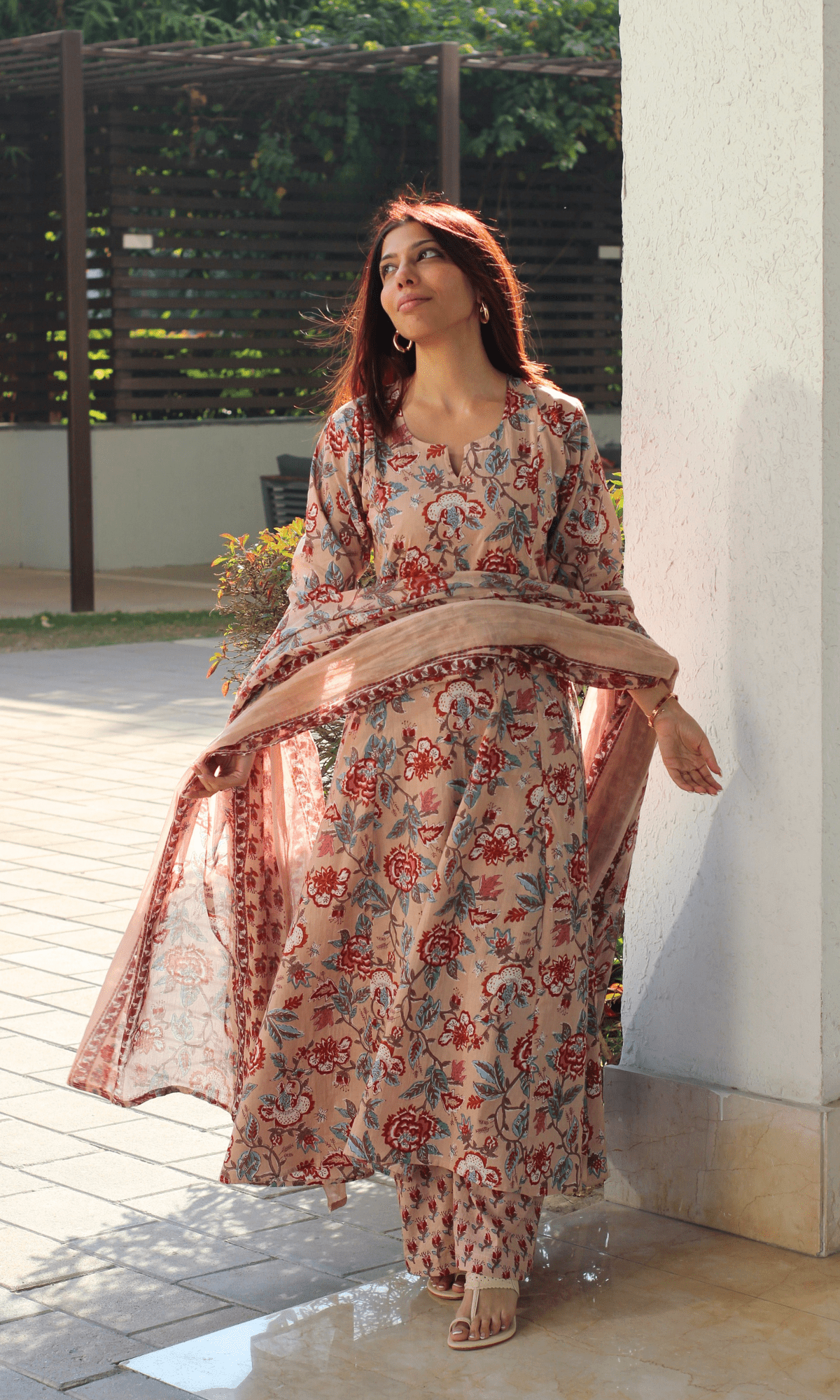 Cotton Beige Floral Kali Kurta with Pant & Printed Cotton Dupatta