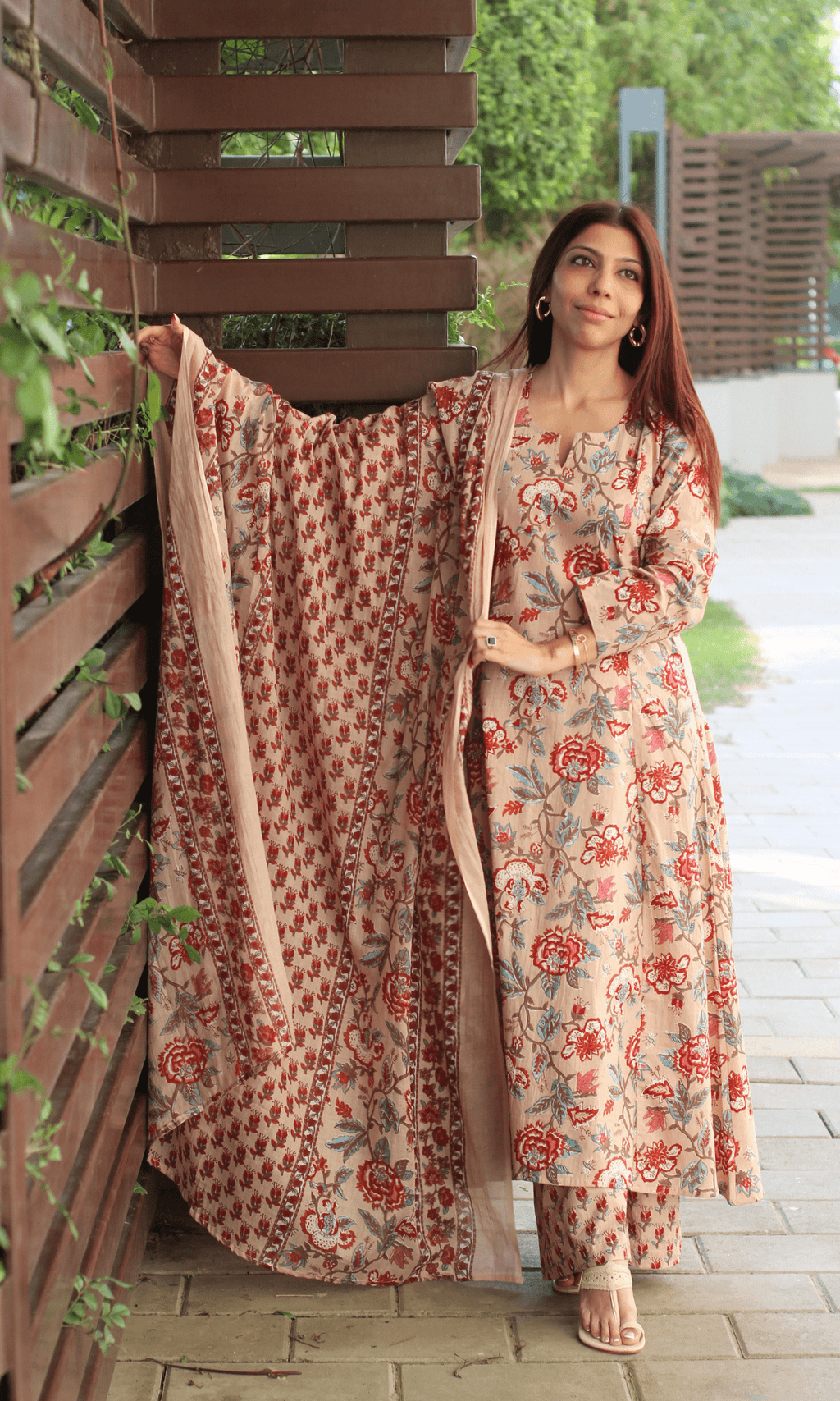 Cotton Beige Floral Kali Kurta with Pant & Printed Cotton Dupatta