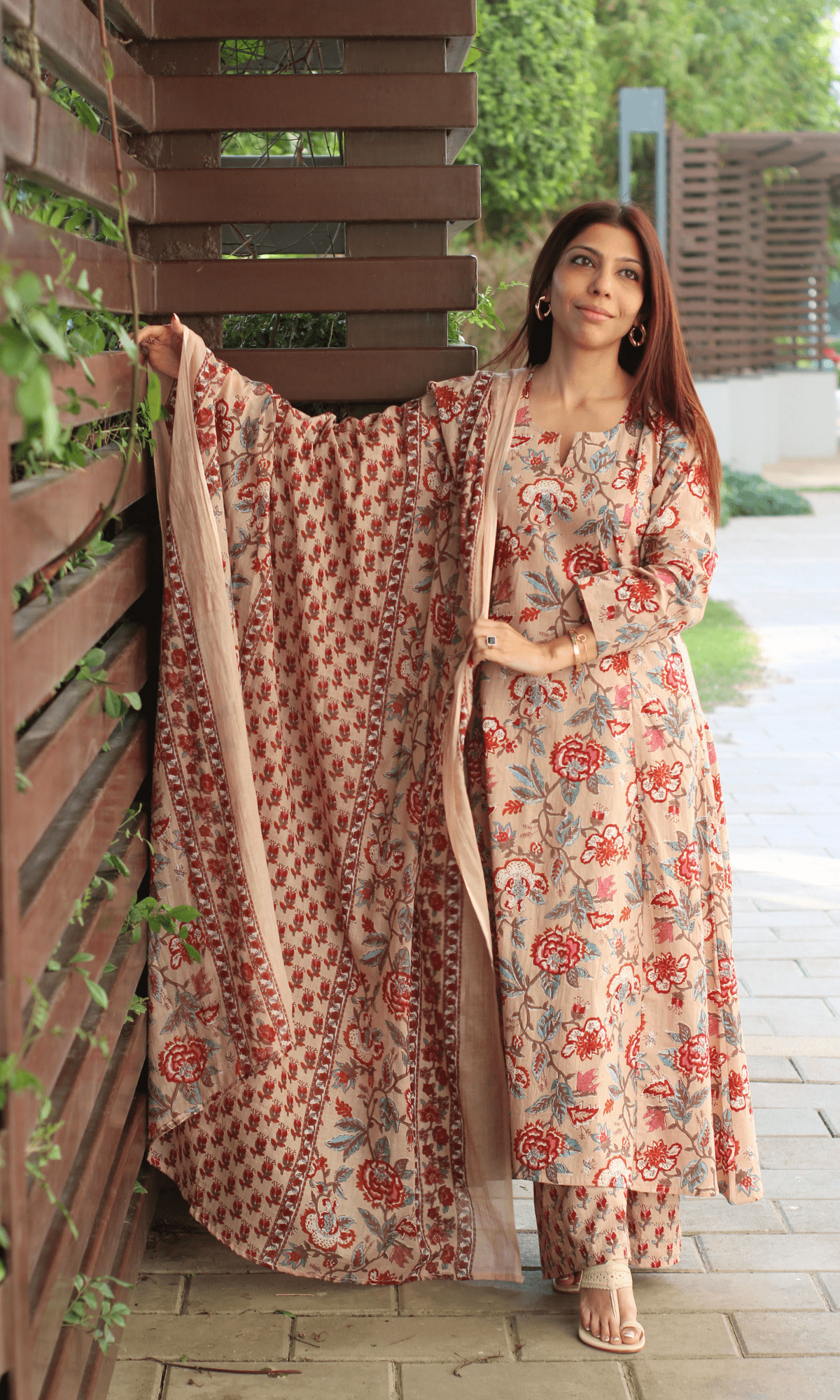 Cotton Beige Floral Kali Kurta with Pant & Printed Cotton Dupatta