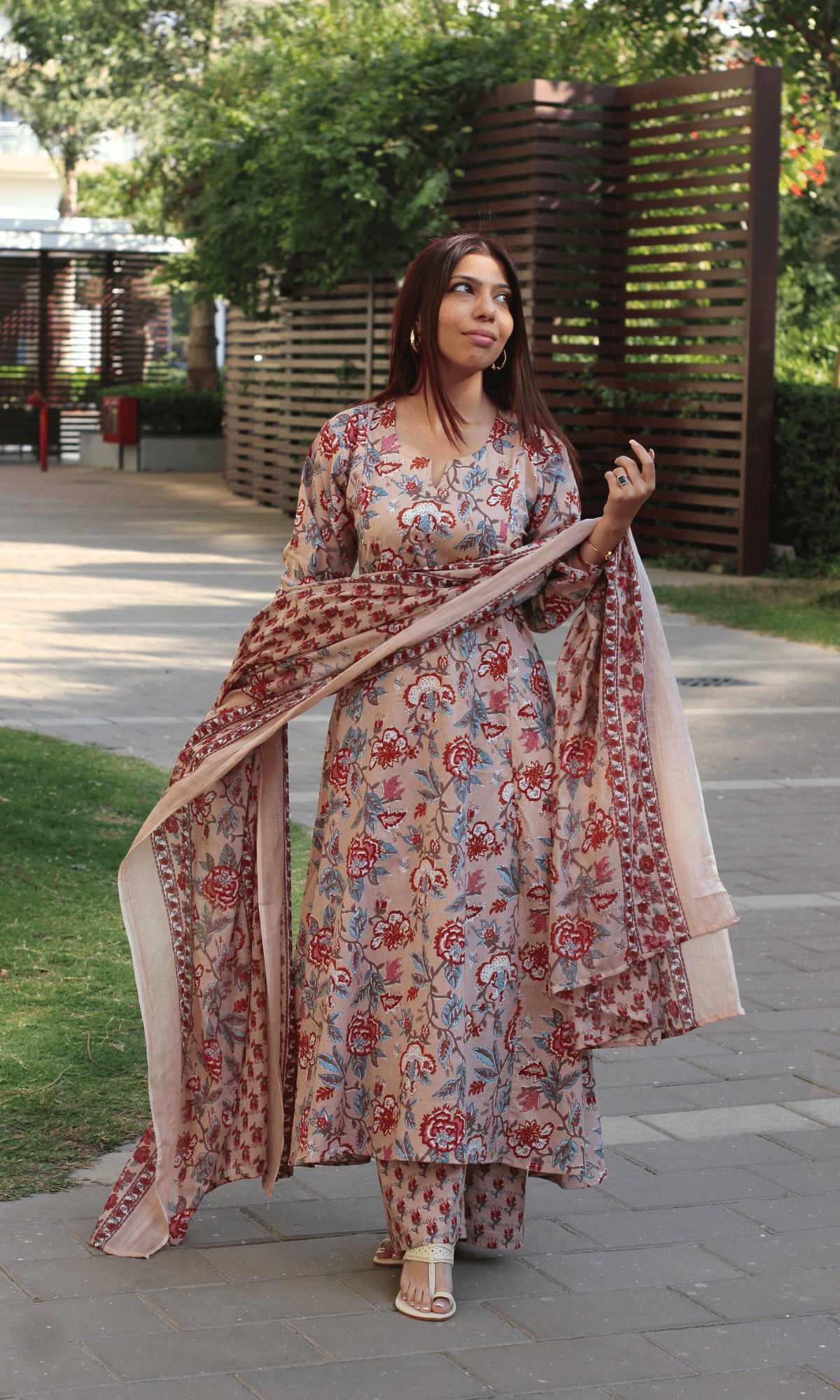 Cotton Beige Floral Kali Kurta with Pant & Printed Cotton Dupatta