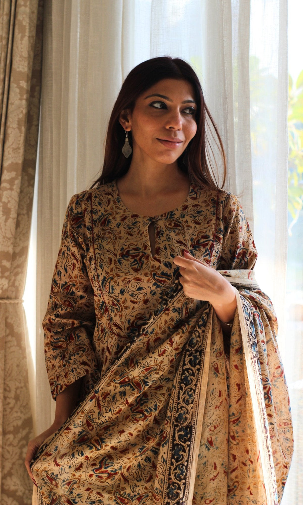 Cotton Beige Loose Fit Kalamkari Kurta , Afghani Salwar & Cotton Kalamkari Dupatta