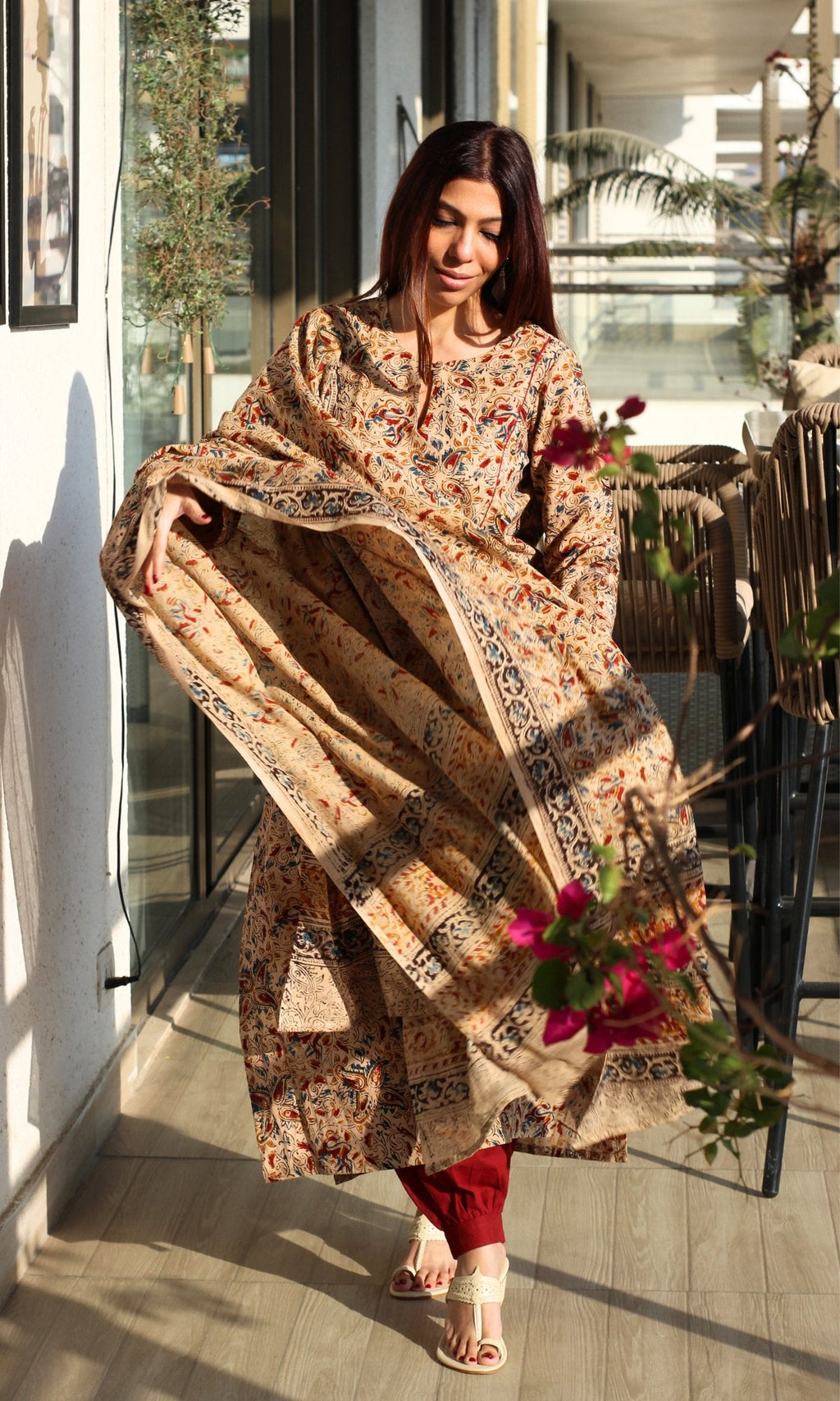 Cotton Beige Loose Fit Kalamkari Kurta , Afghani Salwar & Cotton Kalamkari Dupatta