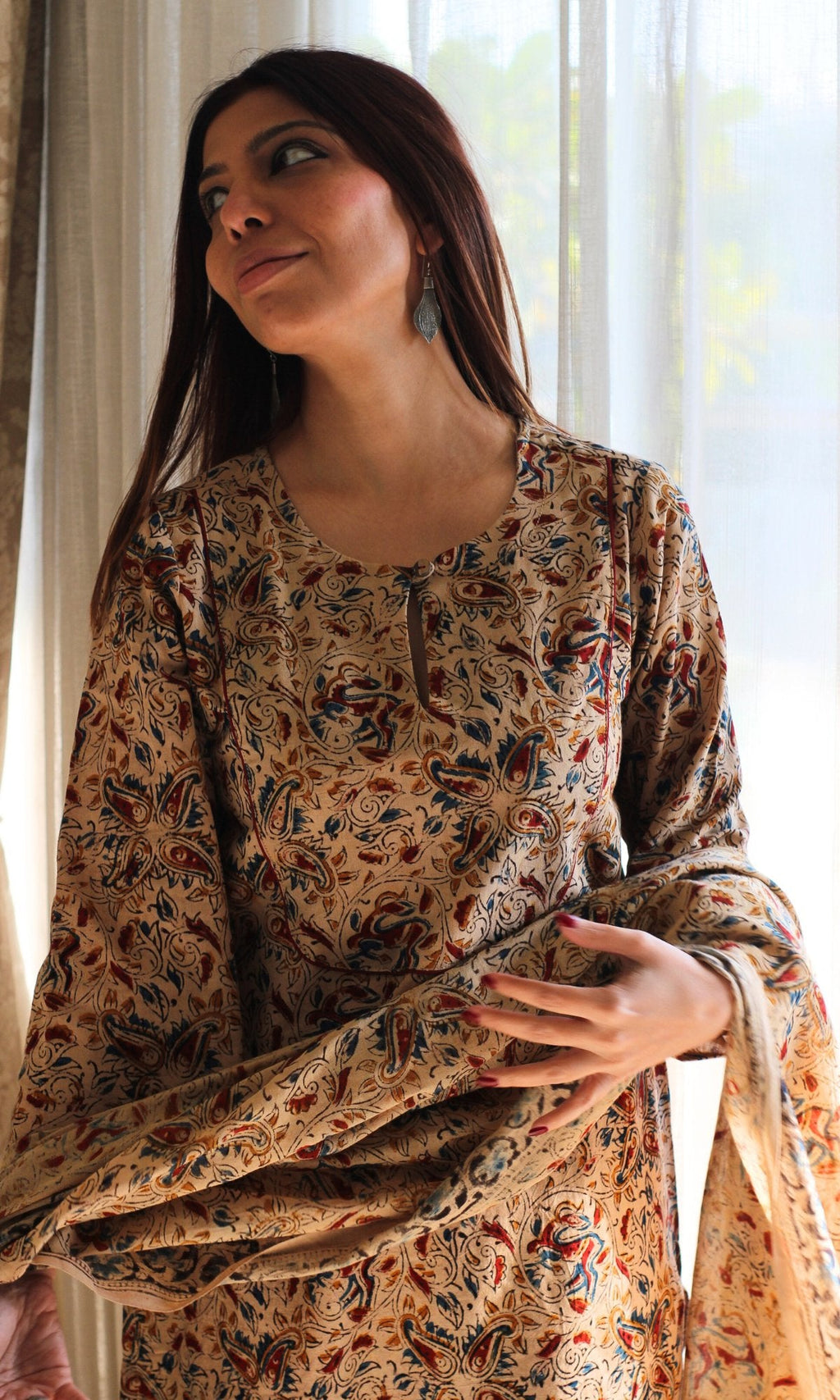 Cotton Beige Loose Fit Kalamkari Kurta , Afghani Salwar & Cotton Kalamkari Dupatta